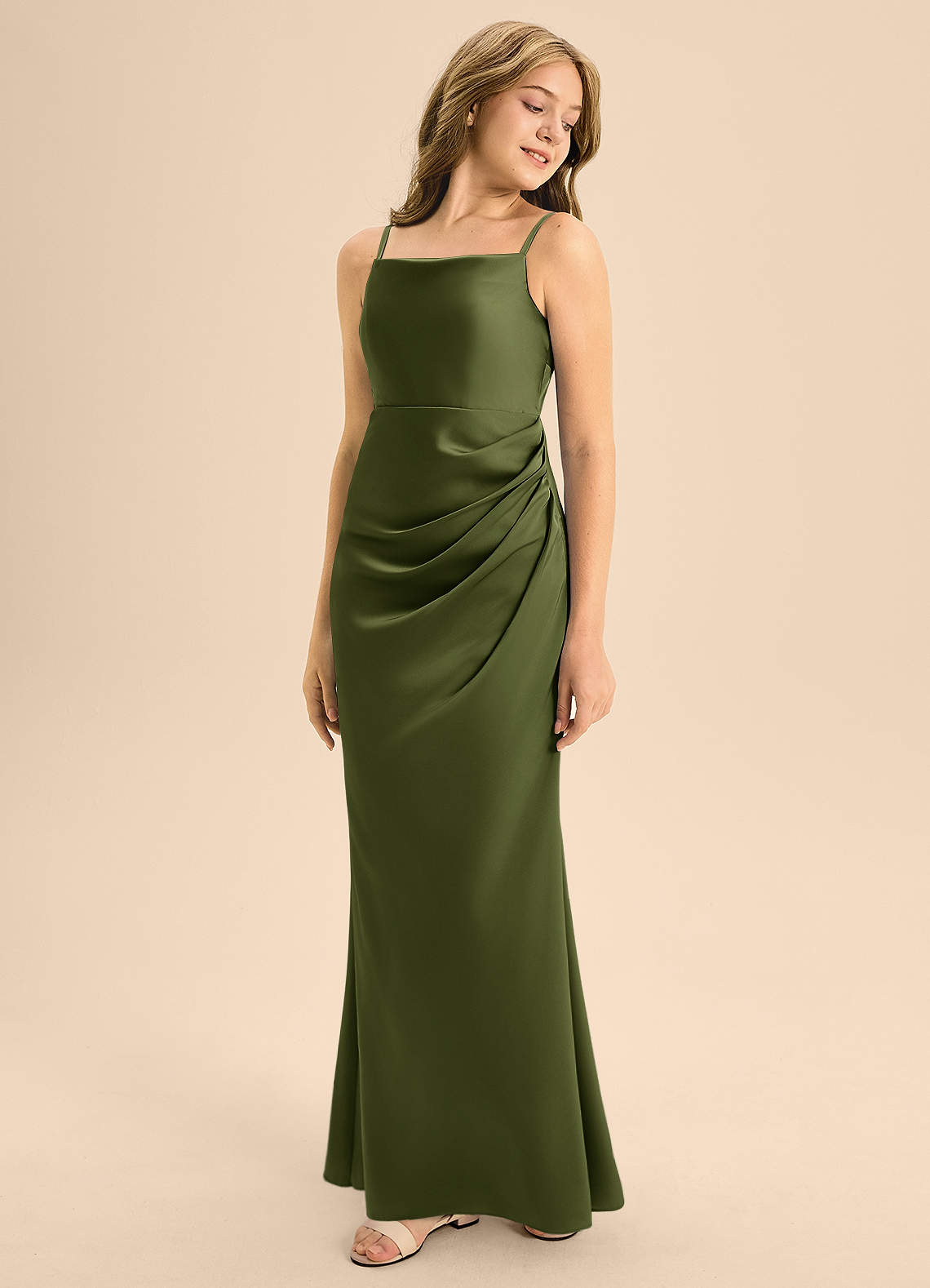 Azazie Renna Junior Olive A-Line Pleated Stretch Satin Dress image1