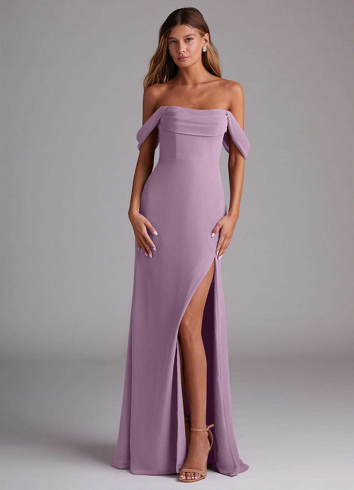 Different Shades Of Purple Bridesmaid Dresses Azazie A-Line Off The  Shoulder Floor-Length Chiffon Bridesmaid