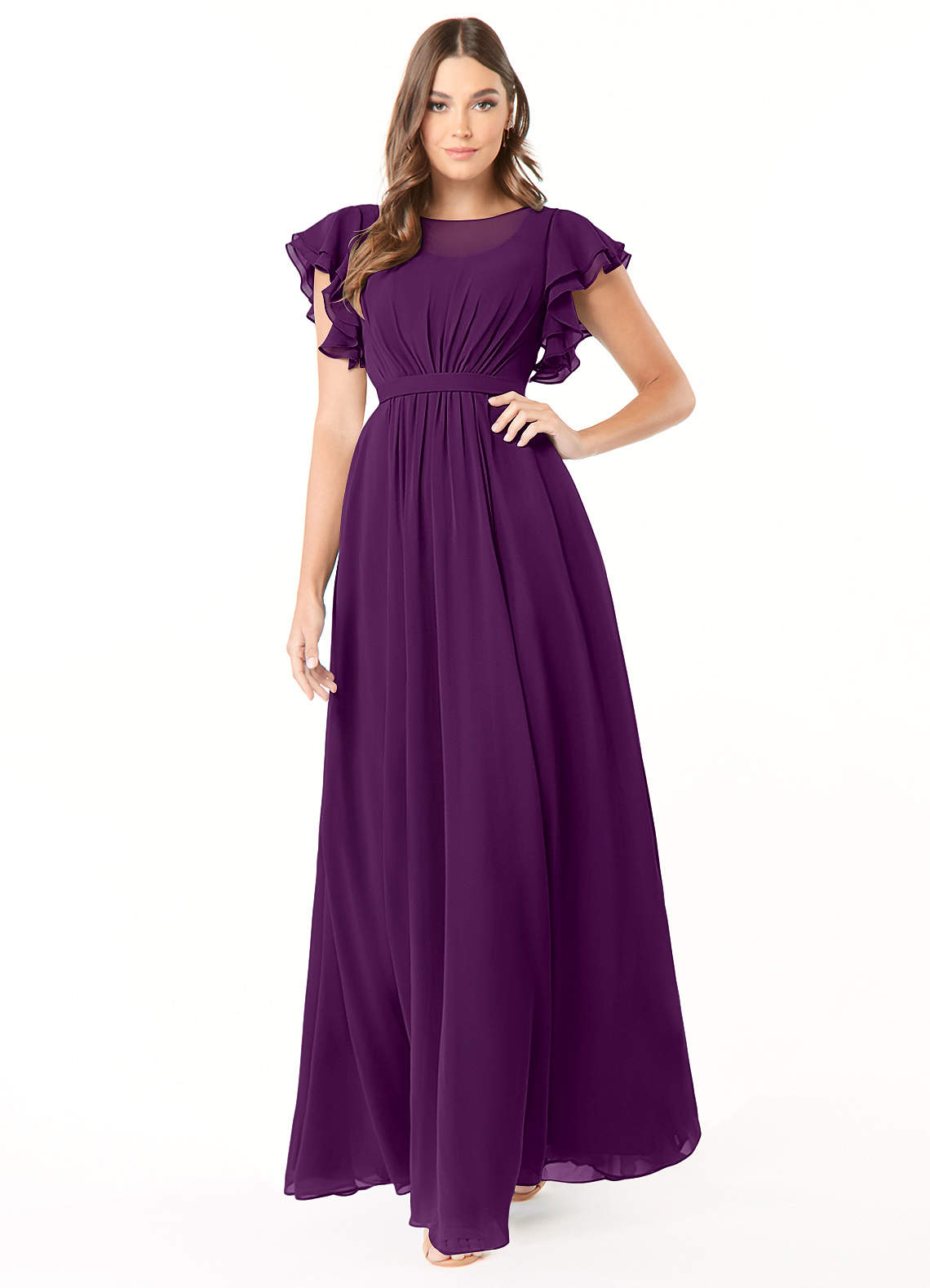Azazie Daphne Modest Bridesmaid Dresses A-Line Ruffled Chiffon Floor-Length Dress image1