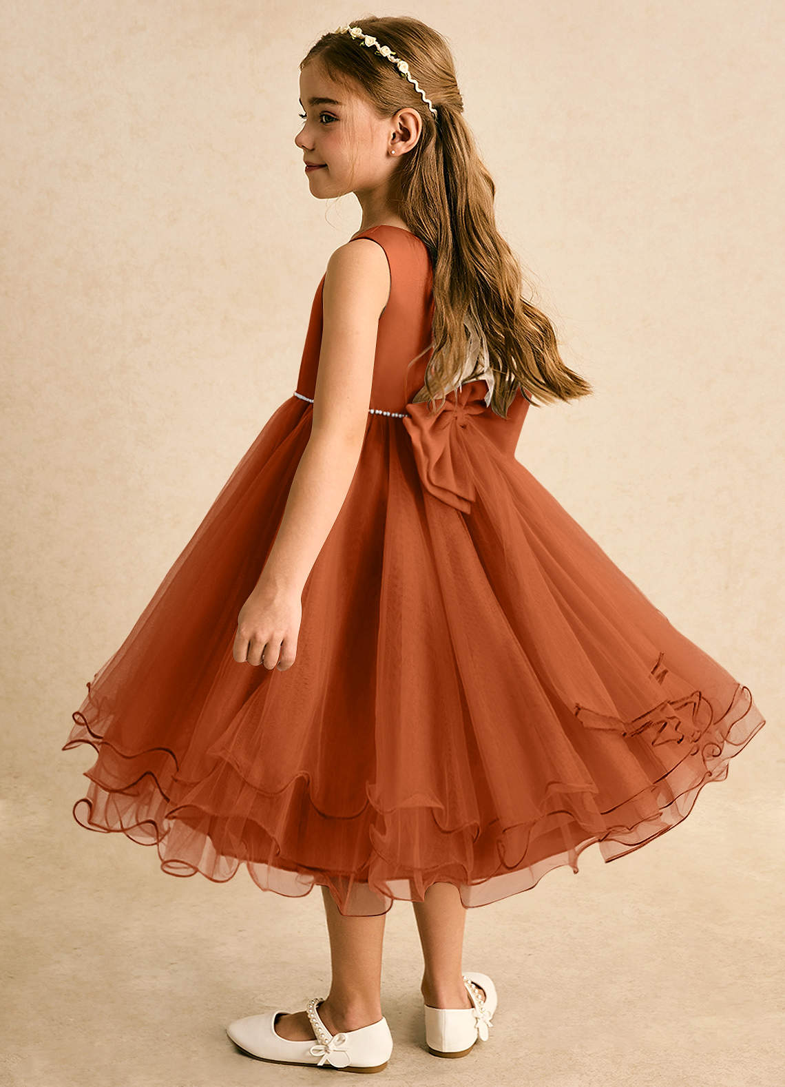 Azazie Lass Flower Girl Dresses Burnt Orange A-Line Bow Tulle Dress image2