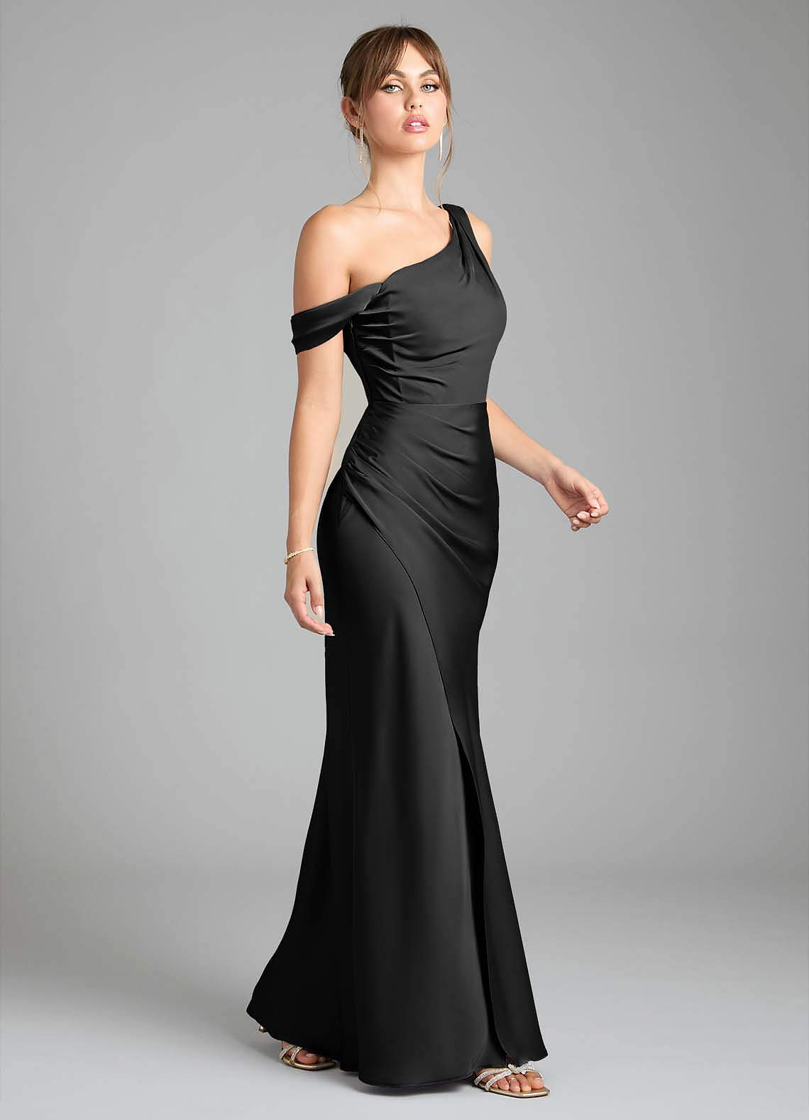 Azazie Madelyn Bridesmaid Dresses Black Mermaid One Shoulder Stretch Satin Convertible Dress image4