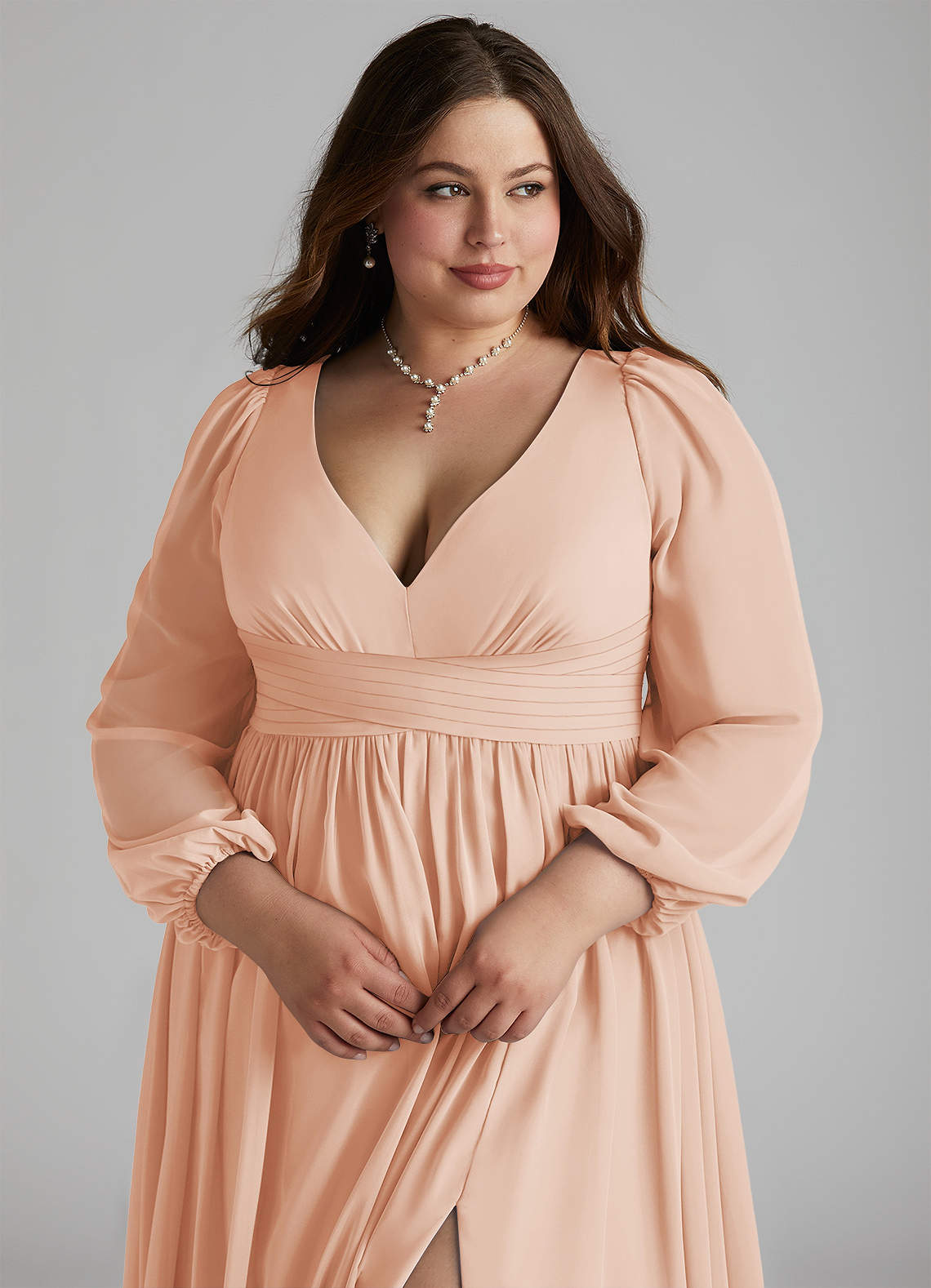 Azazie Norah Bridesmaid Dresses English Rose A-Line V-Neck Long Sleeve Chiffon Dress image9