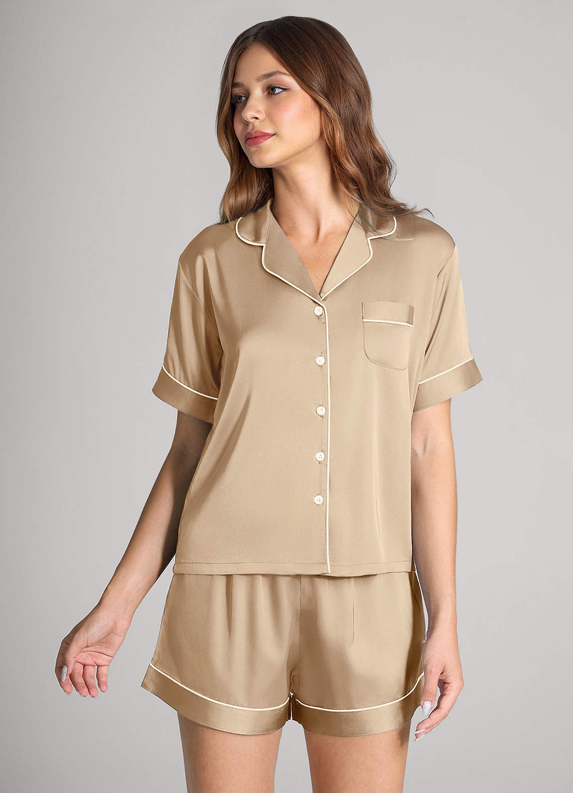 front Satin Contrast Piping Pajama Set