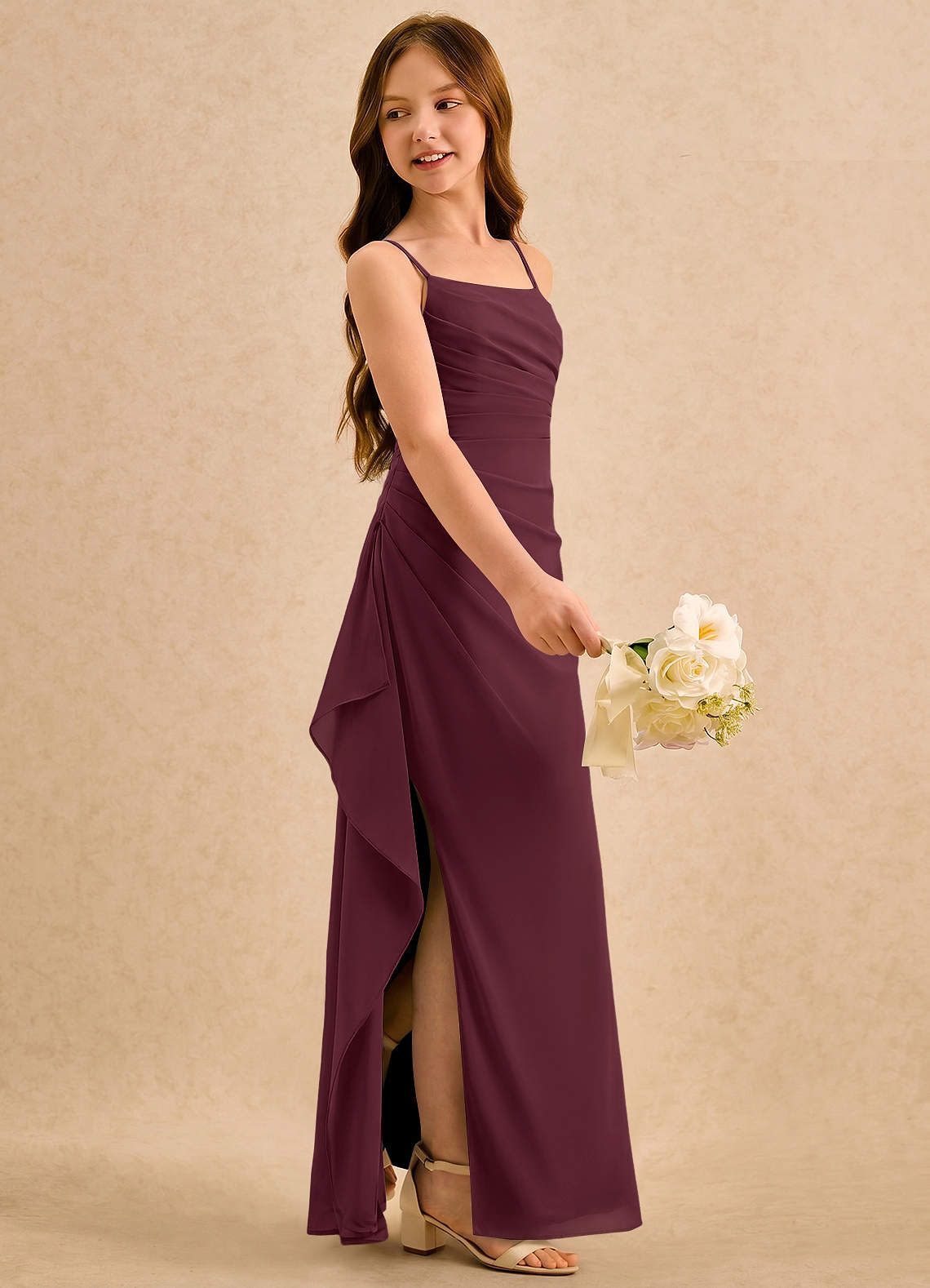 Azazie Cannoli Girls Formal Flower Girl Dresses Cabernet A-Line Pleated Chiffon Dress image3