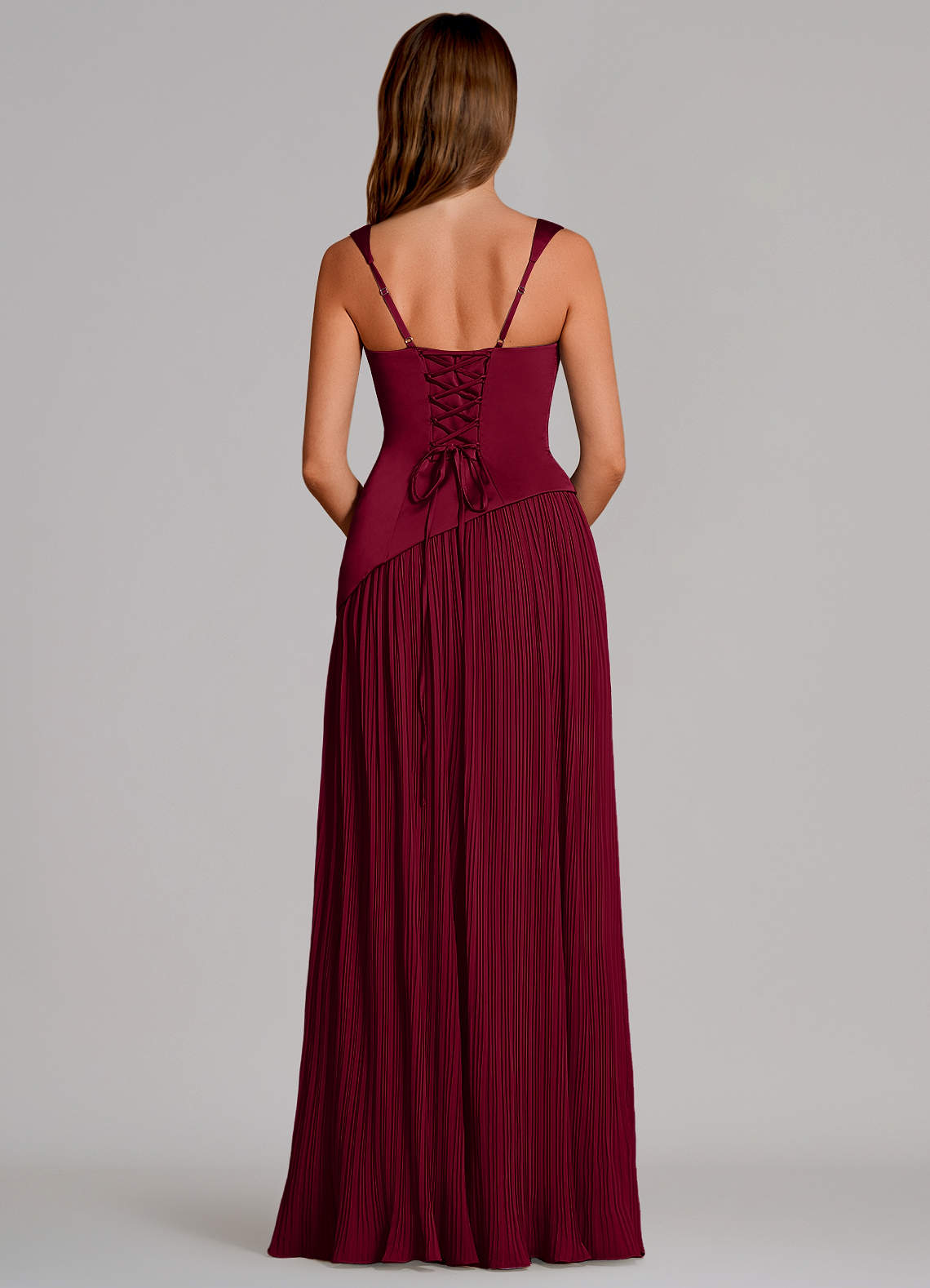 Azazie Stephanie Vestidos de damas de honor Vestido de Borgoña de Satén Elástico de Corte en A con Plisado image4