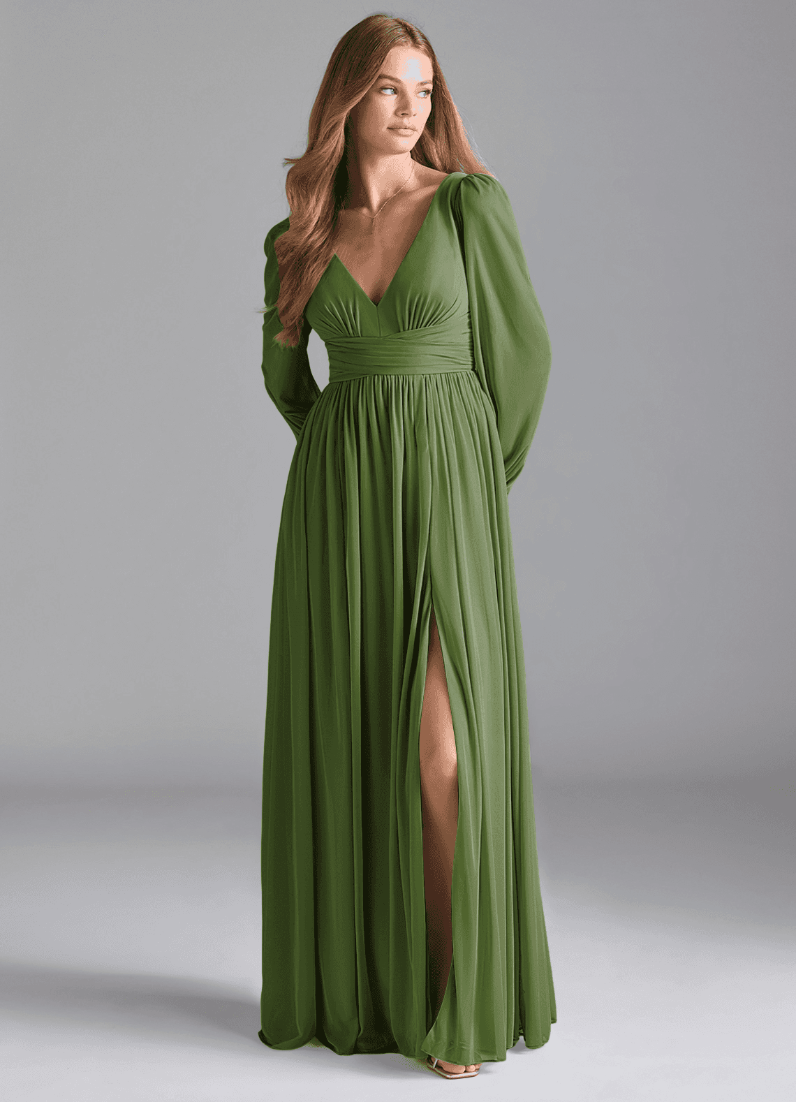 green emerald velvet dress Tamara V-Neckline Ruched Long Sleeve Lace Mesh Dress Olive