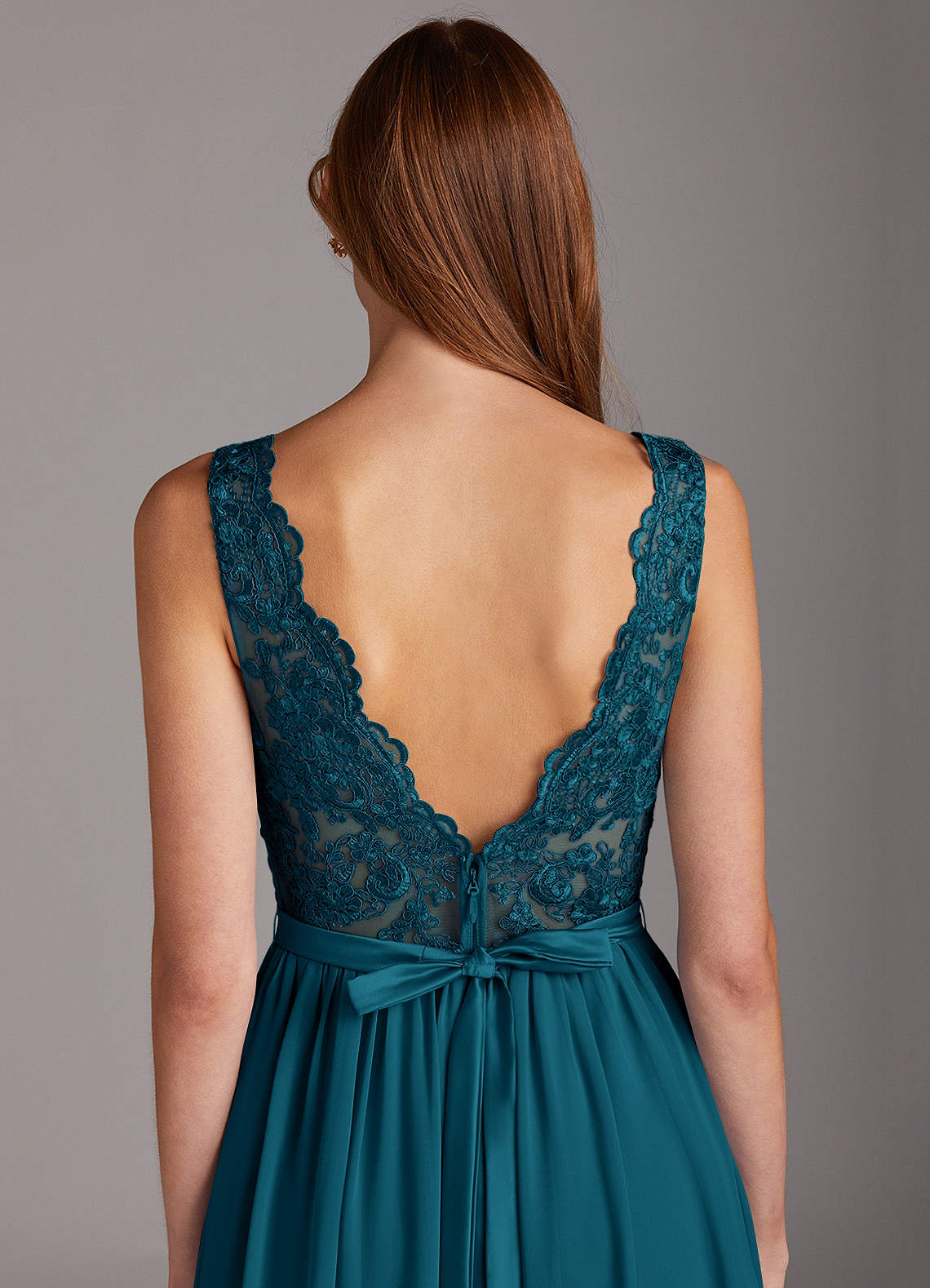 Azazie Elly Bridesmaid Dresses Ink Blue A-Line Lace Scoop Neck Chiffon Dress image3