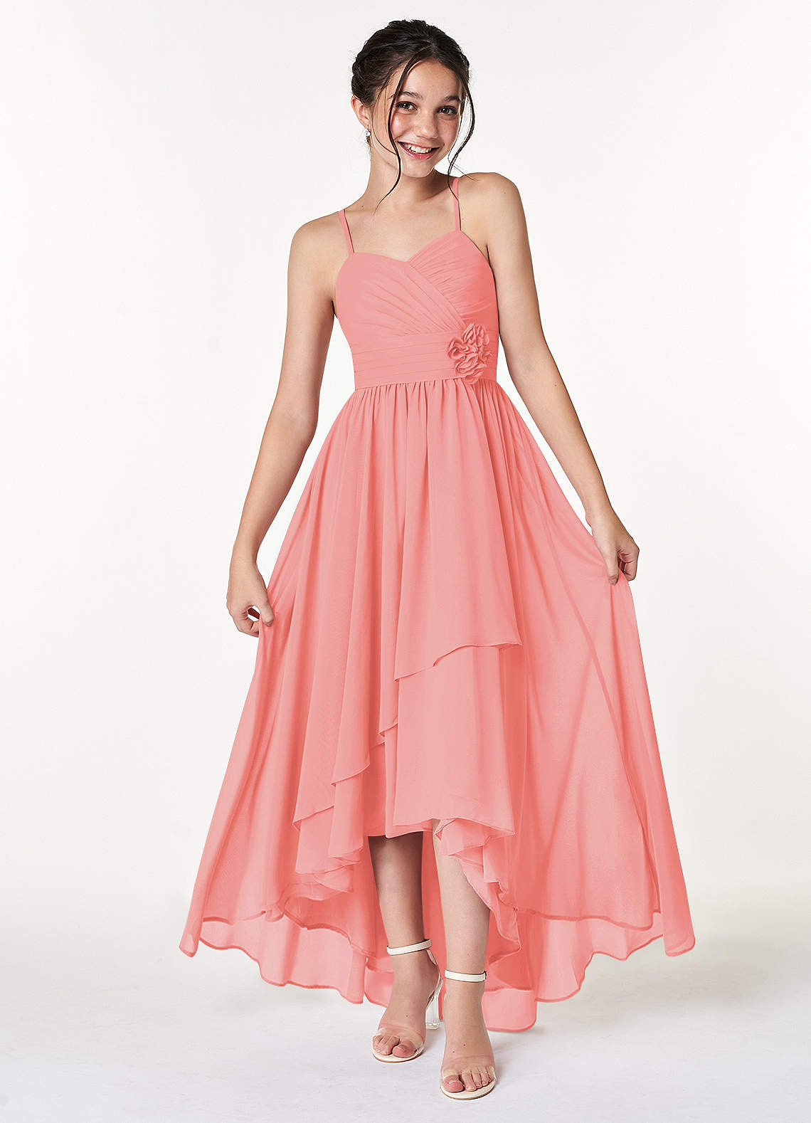 Azazie Catalina Junior Coral A-Line Ruched Chiffon Dress image1