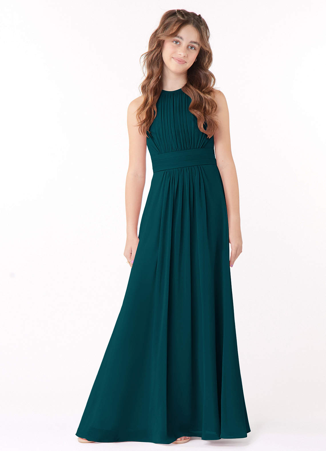 Azazie Bonnie Junior Pine A-Line Pleated Chiffon Dress image1