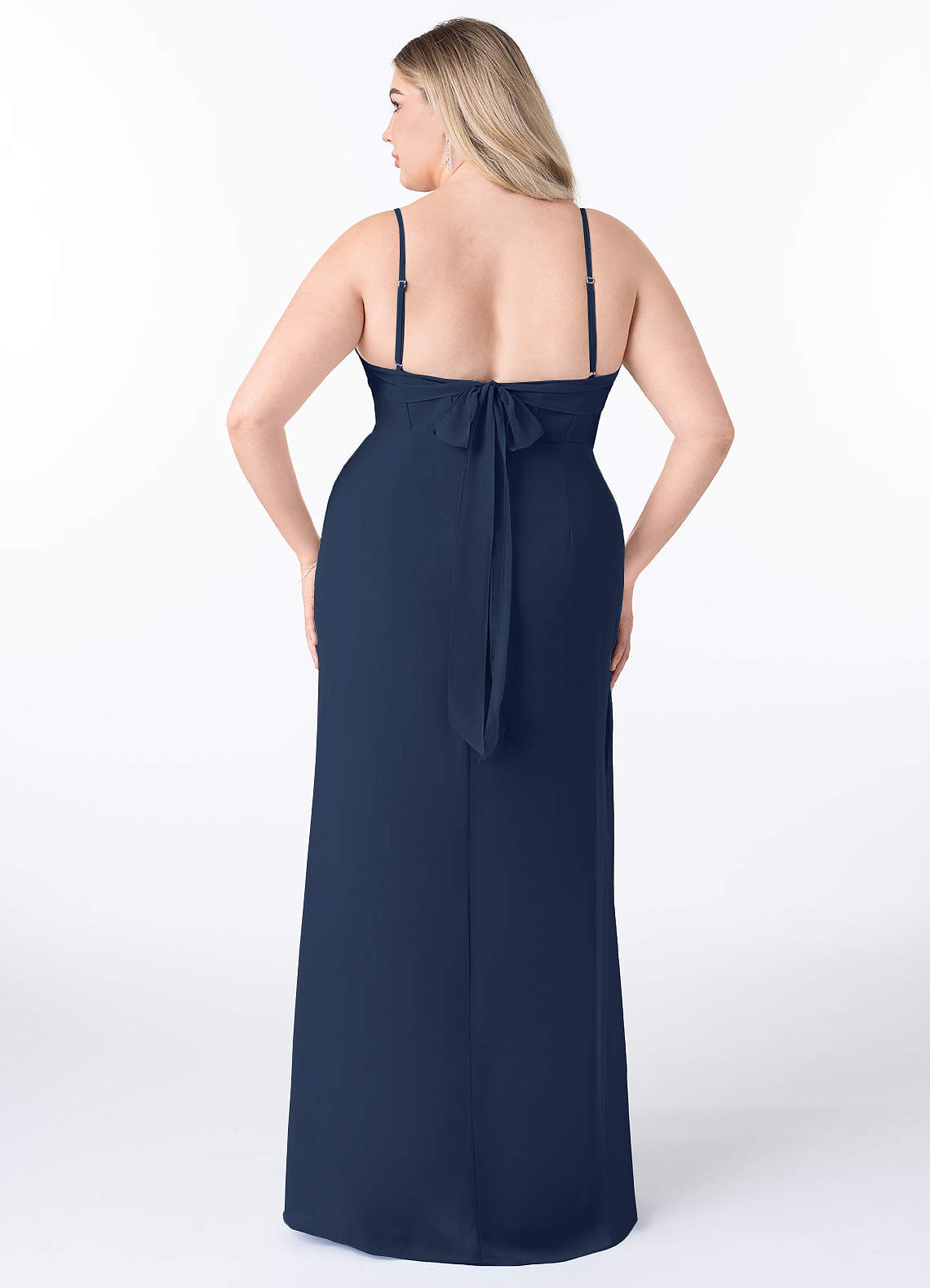 navy blue bridesmaid dresses plus size Azazie A-Line V-Neck Floor-Length Chiffon this long satin gown showcases a dramatic open back and a plunging V Azazie Mai Dark Navy Chiffon