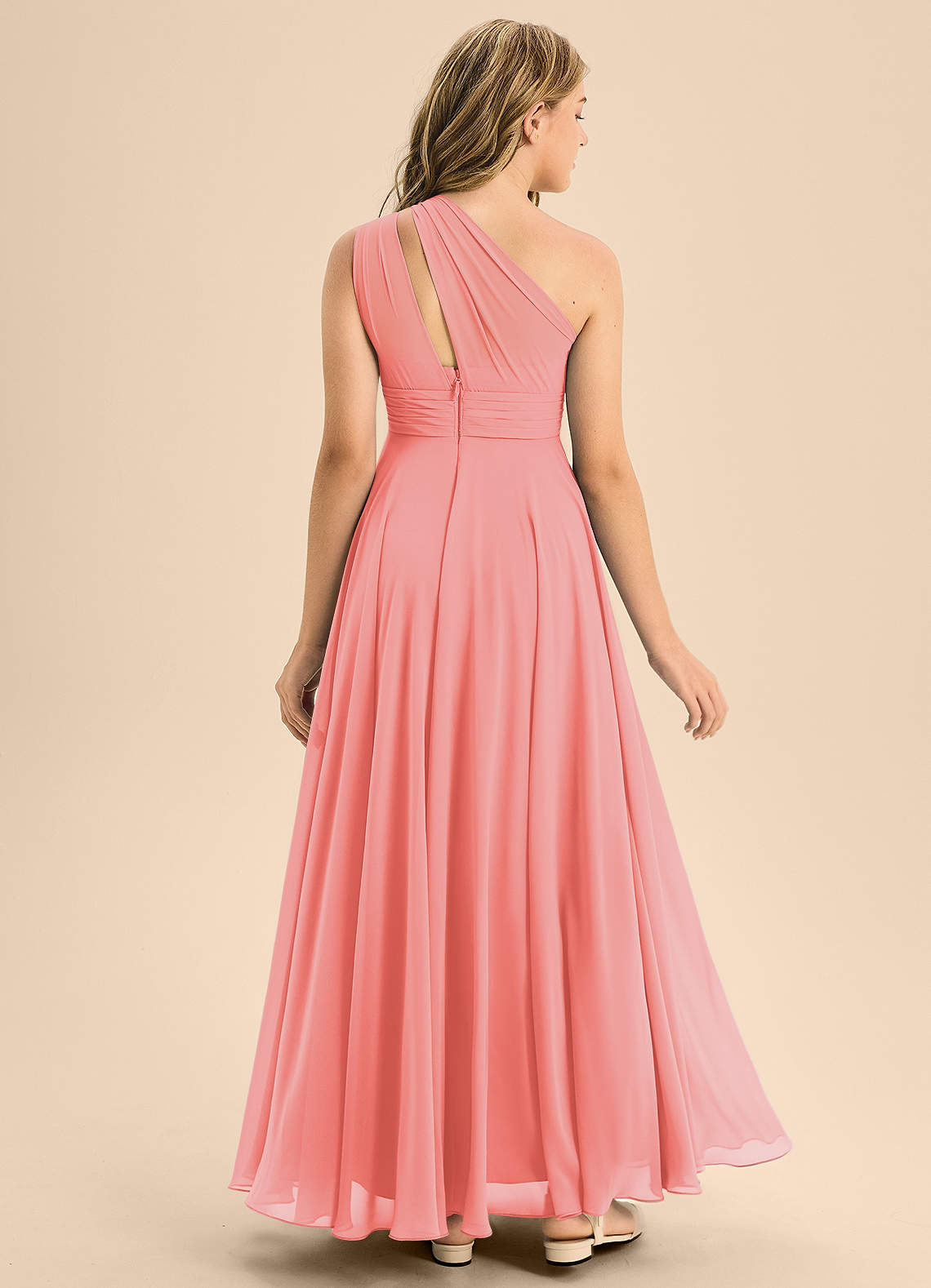 Azazie Charlize Junior Vestido Coral de Chiffon de Linha A com Plissado image1