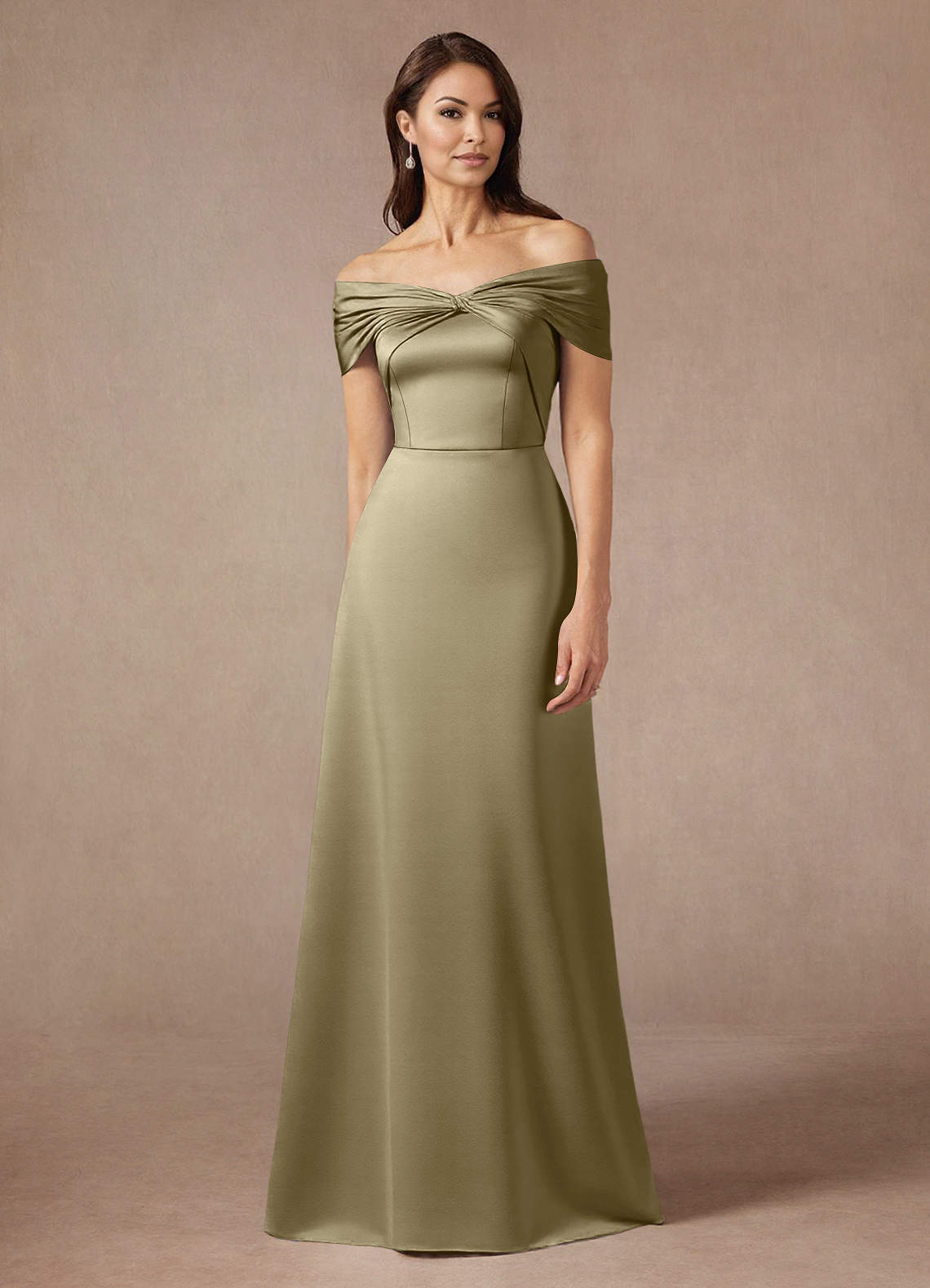 Azazie Amelia Moss Green A-Line Off the Shoulder Stretch Satin Dress |  Azazie