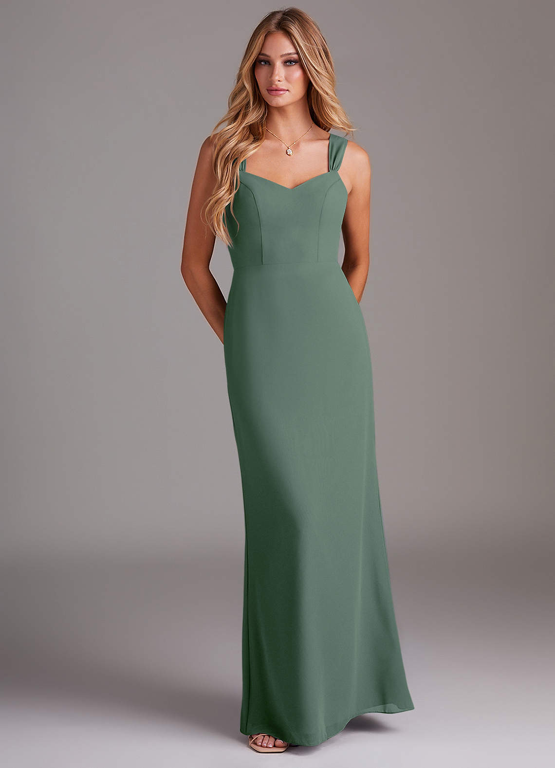 Azazie Denice Bridesmaid Dresses Eucalyptus Sheath Pleated Chiffon Dress image1