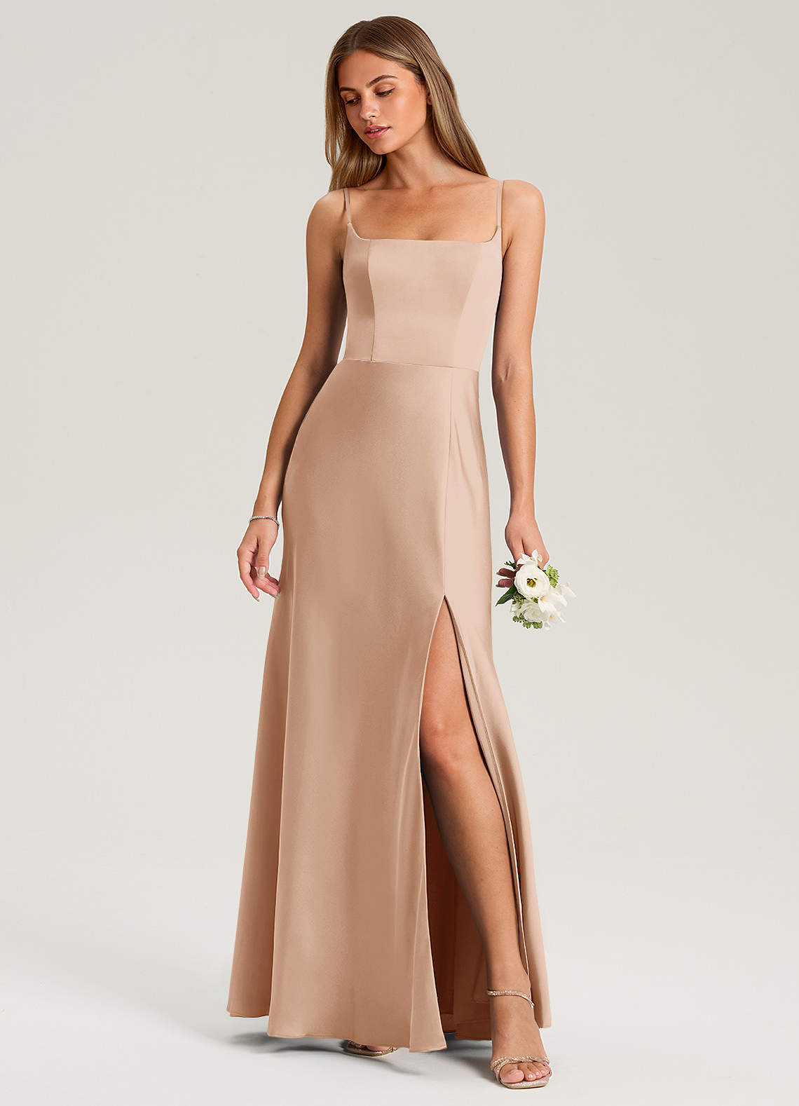 Azazie Lidia Bridesmaid Dresses English Rose Mermaid Side Slit Stretch Satin Dress image1