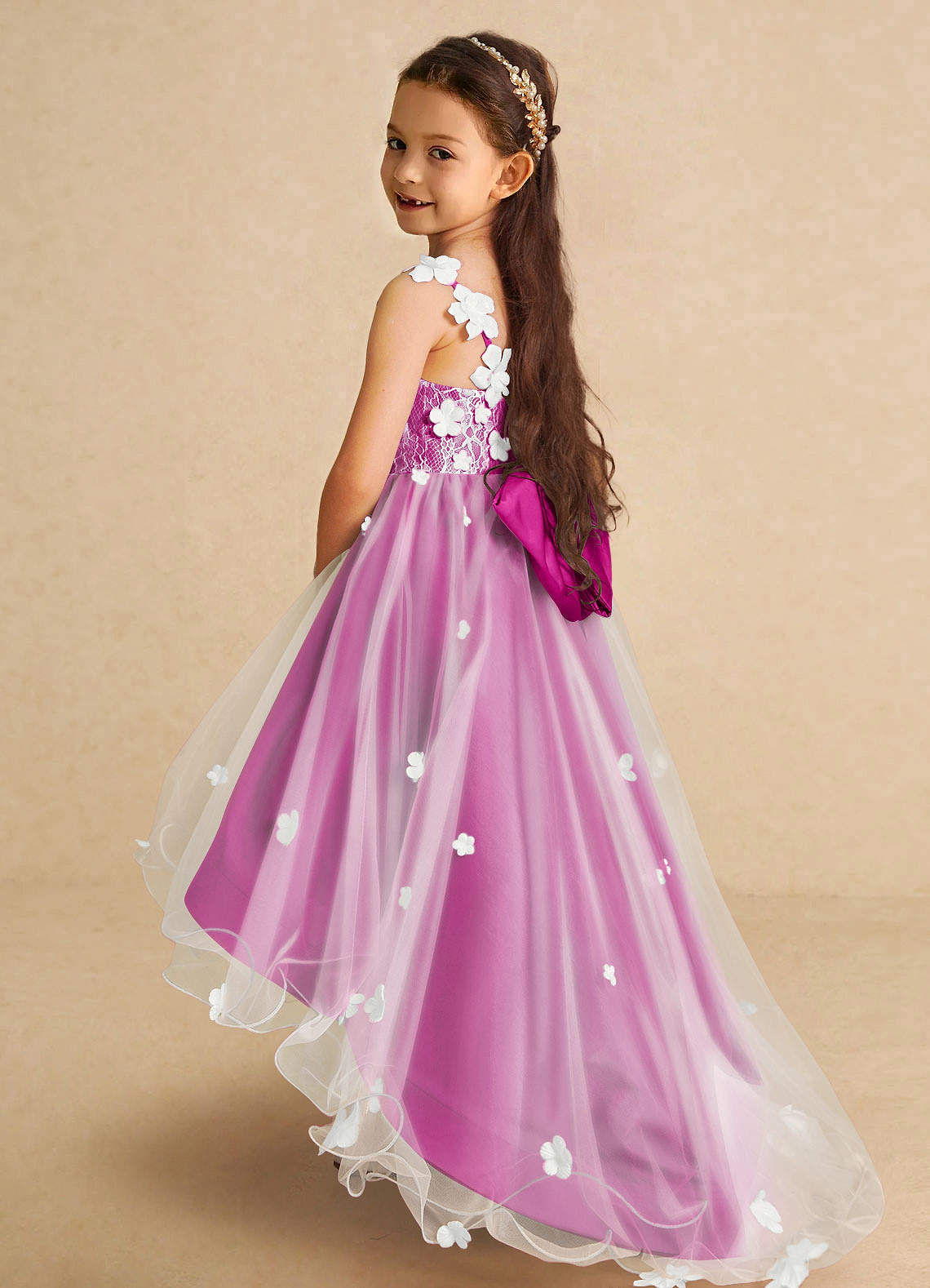Azazie Celia Flower Girl Dresses Fuchsia A-Line Lace Tulle Dress image1