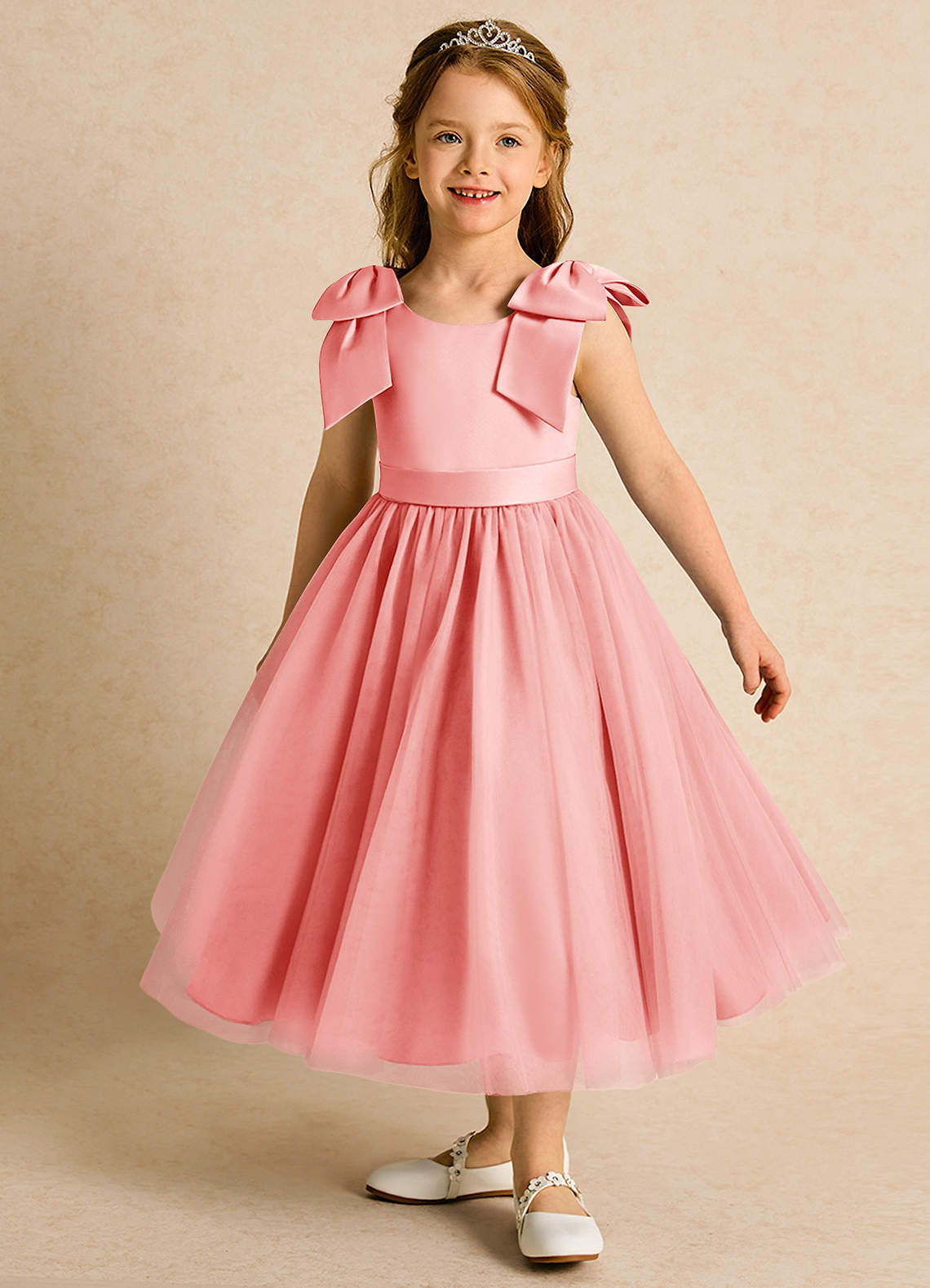 Azazie Serene vestidos de niña de las flores Vestido de Coral de Satin Mate de Princesa con Lazo image1