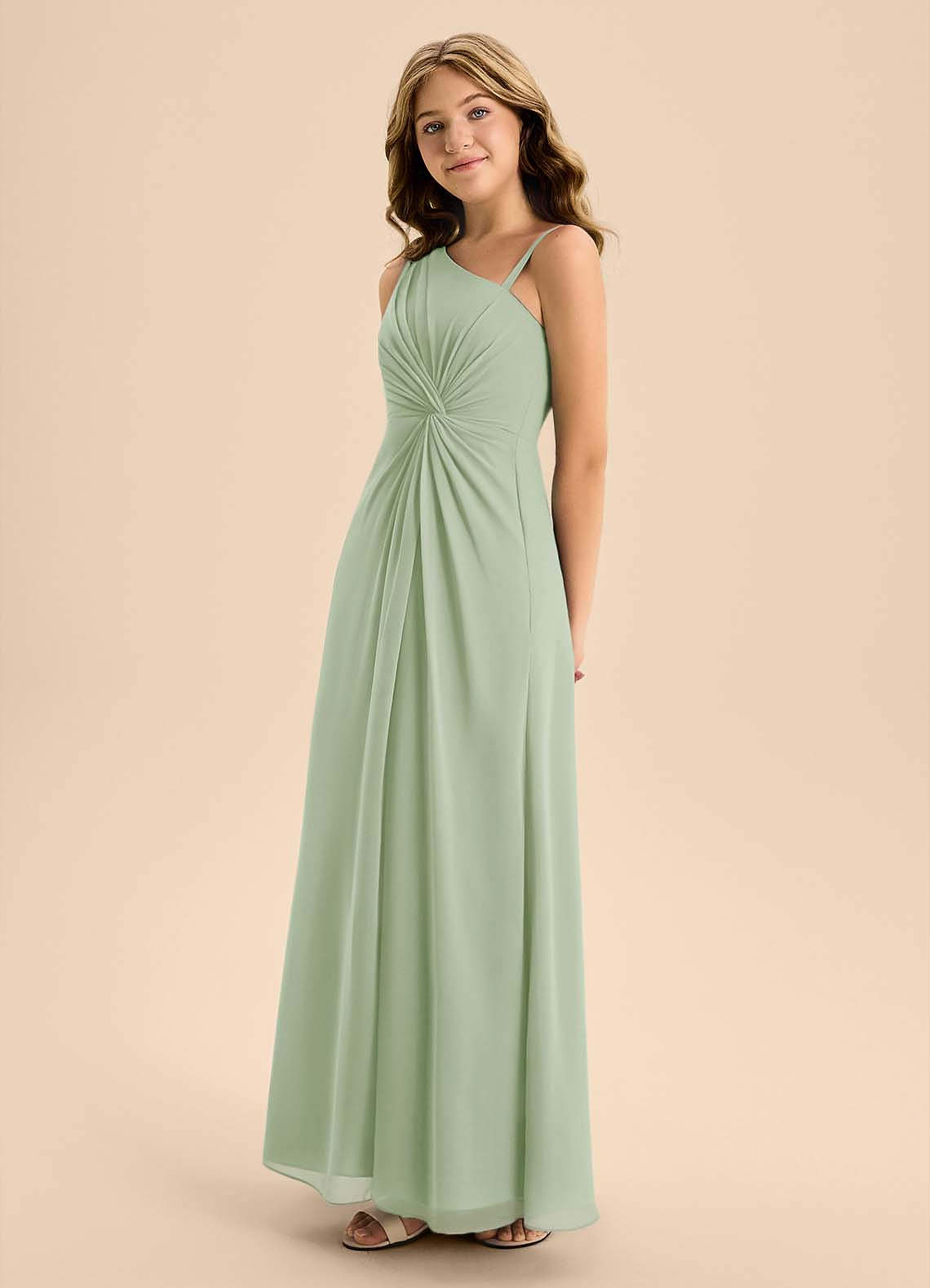 Azazie Brooke Junior Robe Trapèze en Mousseline de soie Fente Latérale Vert Sauge image5