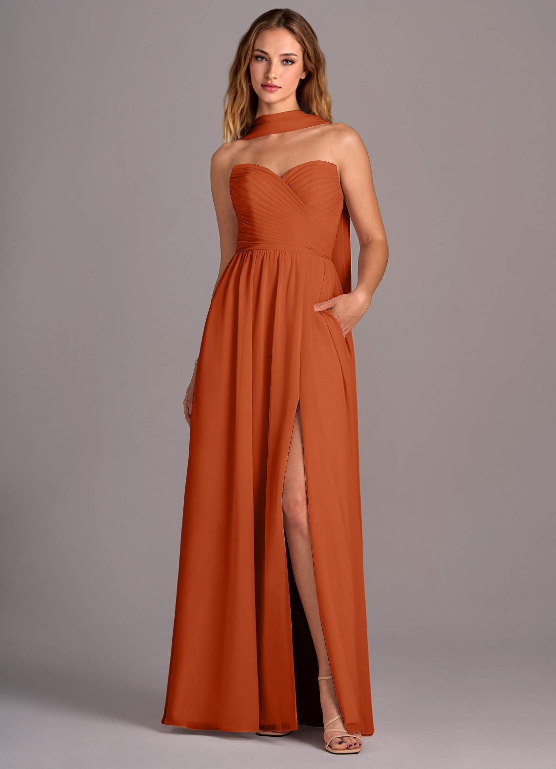 Azazie Joni Bridesmaid Dresses Burnt Orange A-Line Strapless Chiffon Convertible Dress image1