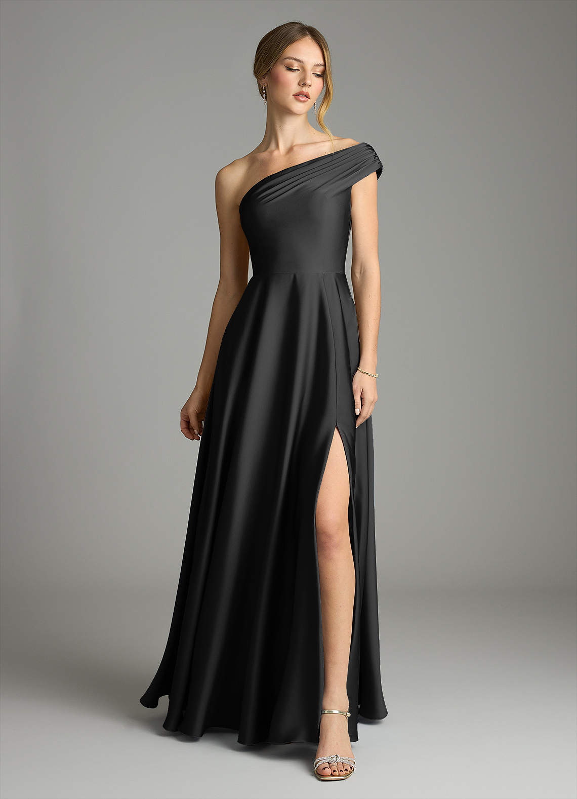 Azazie Melanie Black Stretch Satin Bridesmaid Dresses | Azazie