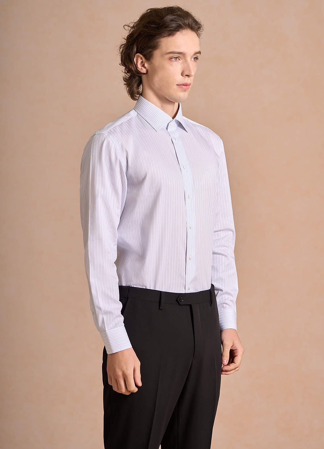 front Aiden Light Oxford Blue 100% Cotton Non-Iron Striped Dress Shirt