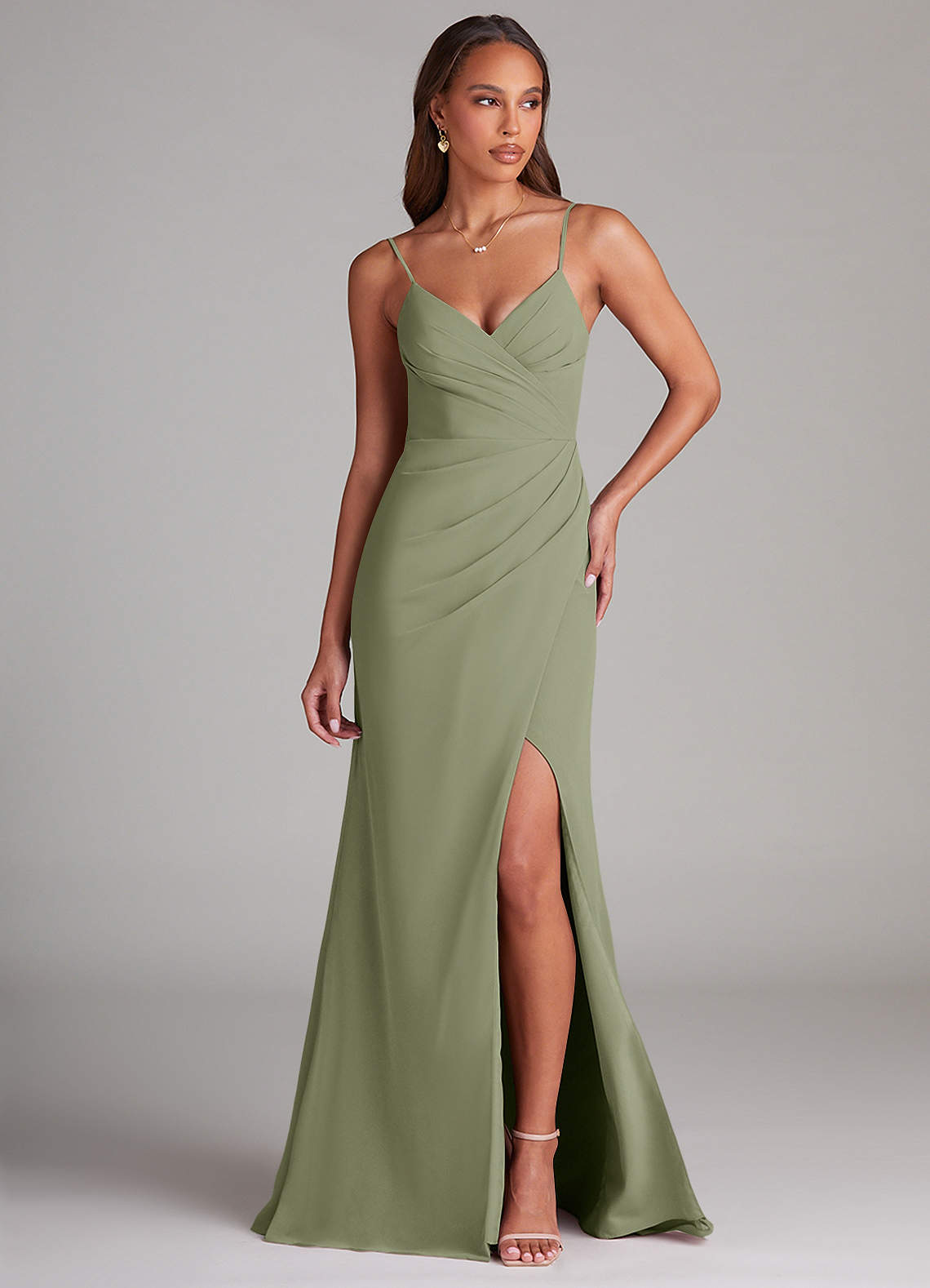 Azazie Maci Bridesmaid Dresses Pistachio Sheath Pleated Chiffon Dress image1
