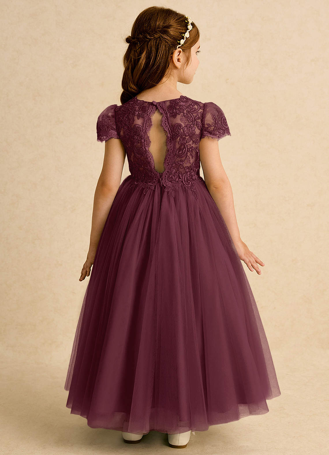 Azazie Puff Flower Girl Dresses Cabernet Ball-Gown Lace Tulle Dress image1