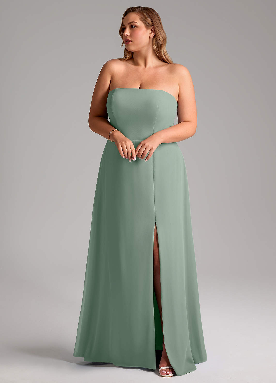 Azazie Wren Bridesmaid Dresses Silver Sage A-Line Side Slit Chiffon Convertible Dress image1