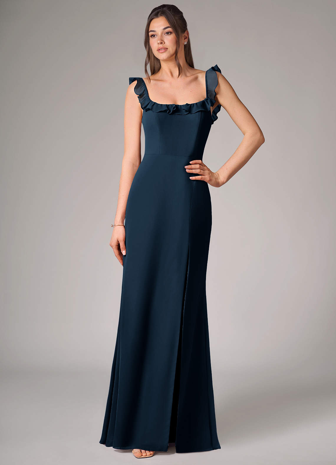 chiffon navy blue bridesmaid dresses Azazie Callie the design flows into Fabric:Tulle Chain Detail Denim Maxi Size:UK8/US4