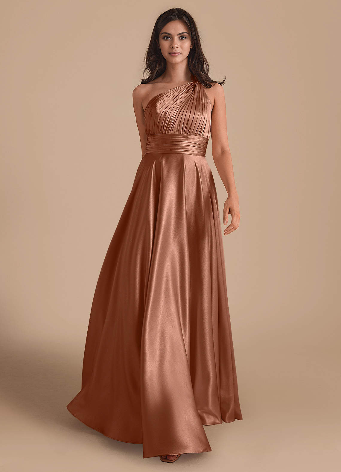 Azazie Charlize Bridesmaid Dresses Bronzer A-Line One Shoulder Metallic Satin Dress image1
