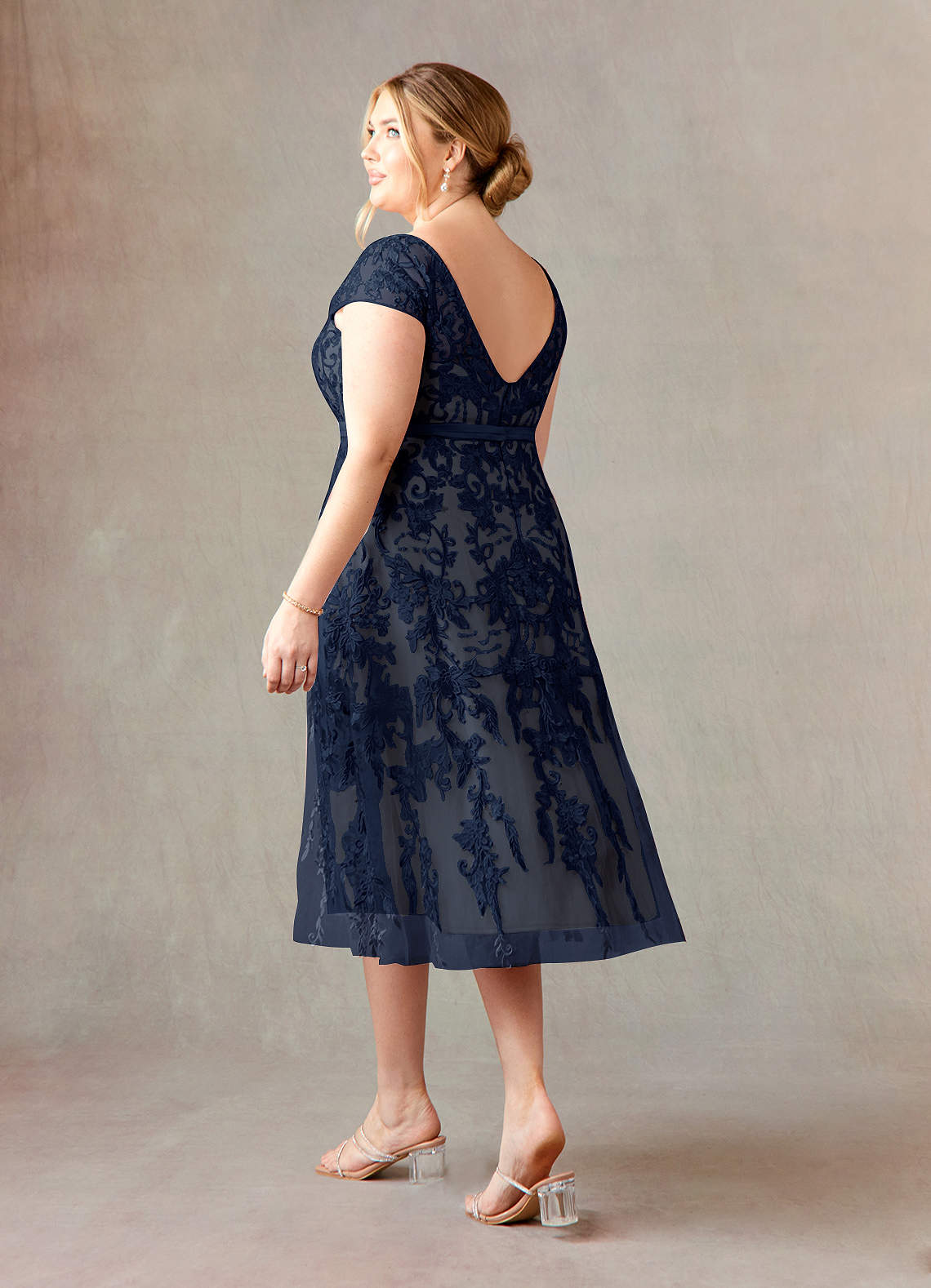 Azazie Sanna Mother of the Bride Dresses Dark Navy Champagne A-Line Scoop Lace Tulle Dress image9