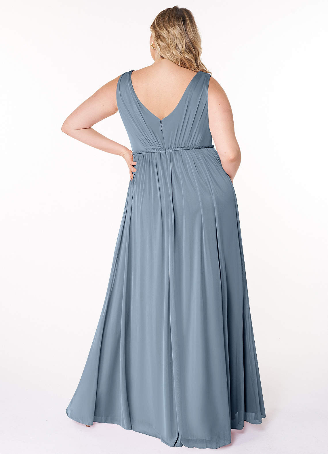 Azazie Tanicia Jurken voor bruidsmeisjes Jurk van Mesh met A-Lijn V-hals geplooid Stoffig Blauw image5