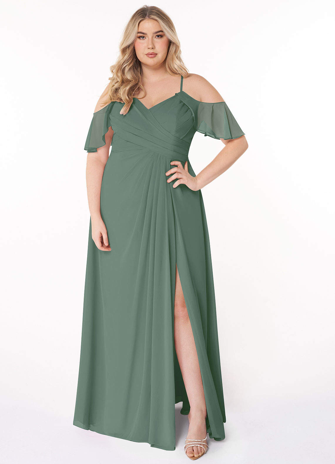 Azazie Dakota Robes de demoiselle d'honneur Robe Trapèze en Mousseline de soie Col V plissé Eucalyptus image1