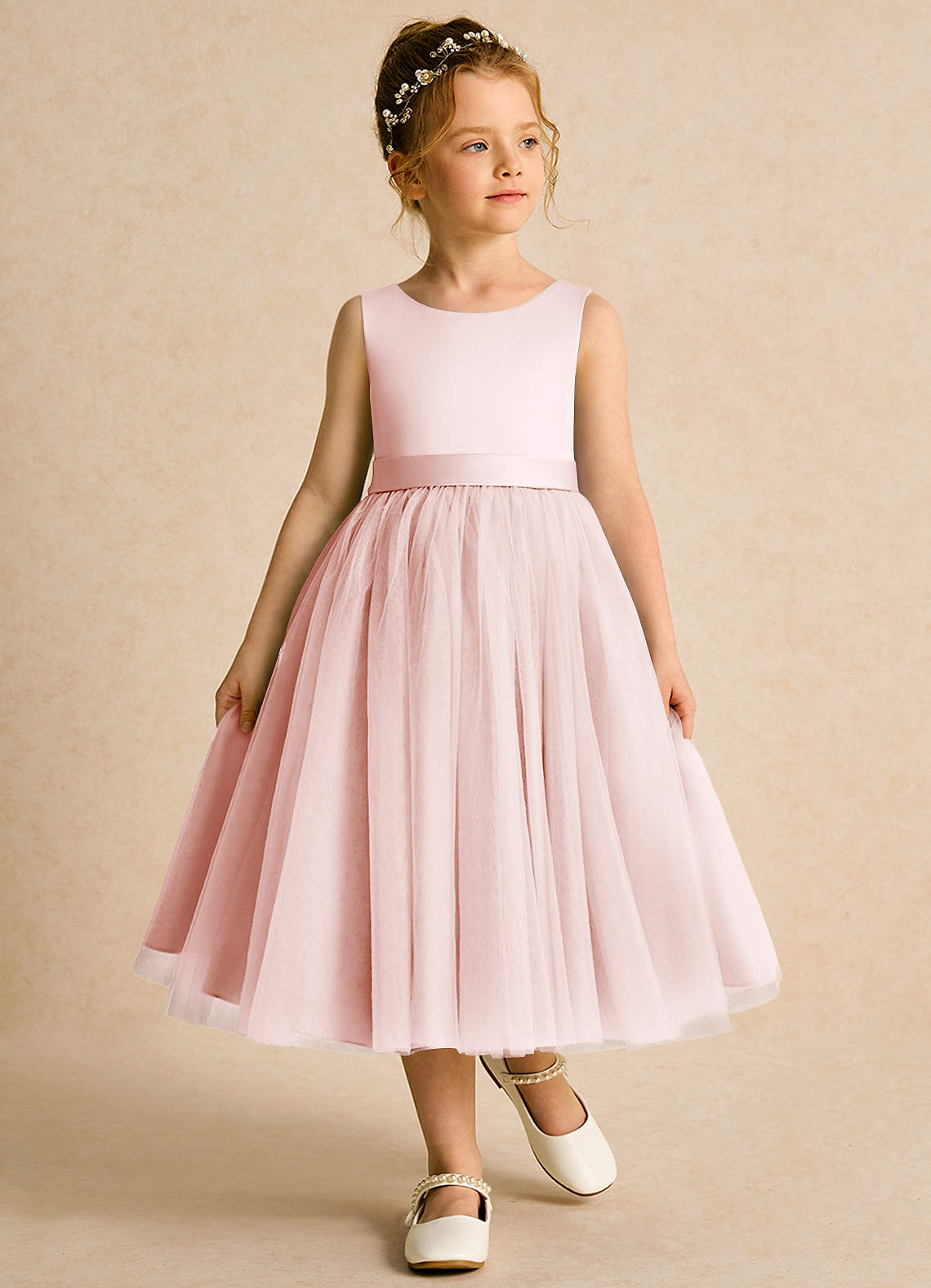 Azazie Pear vestidos de niña de las flores Vestido de Rosa Rubor de Tul de Princesa con Lazo image3