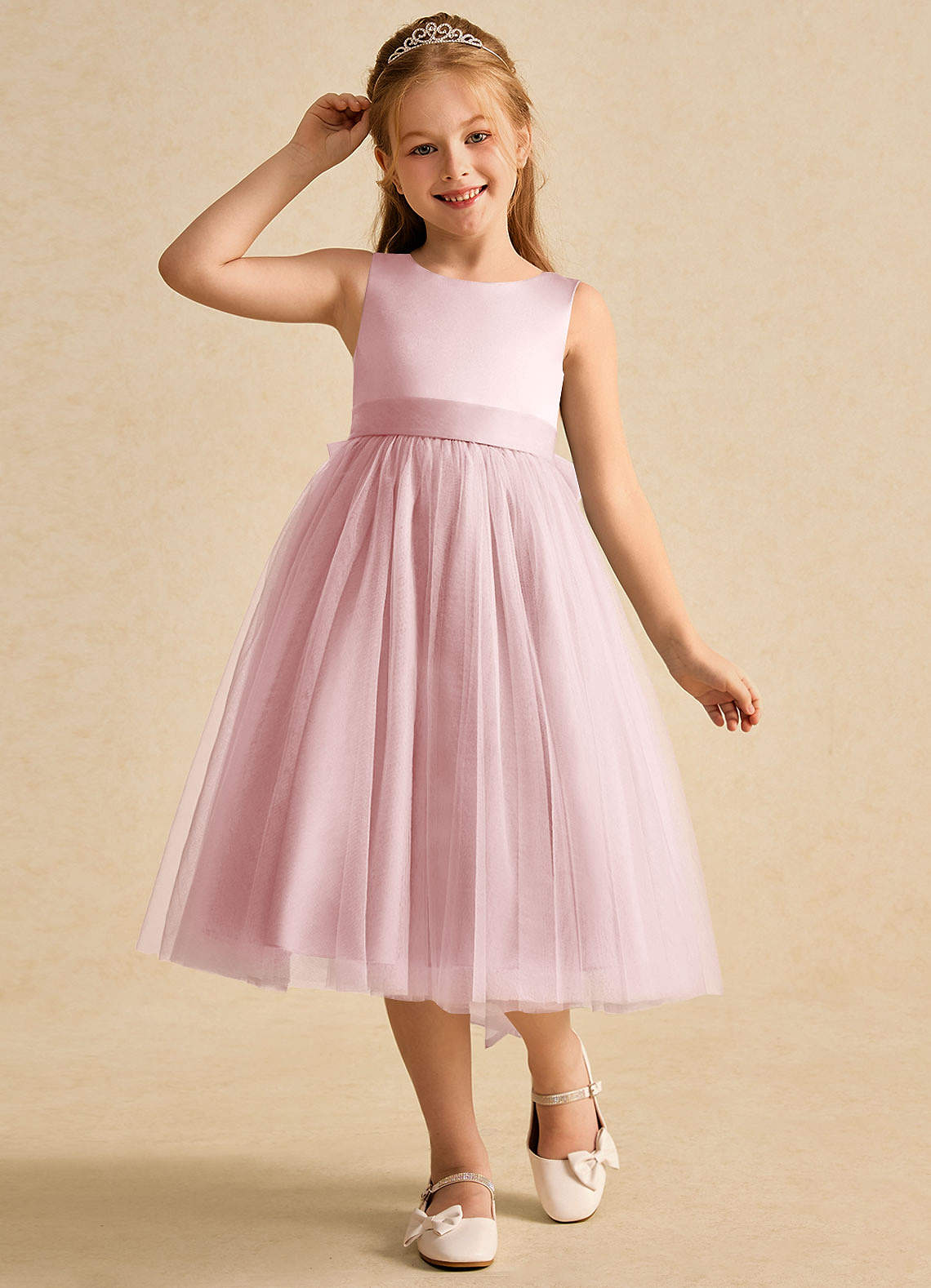 Azazie Winnie Robe Demoiselle D'honneur Fillette Robe Princesse en Tulle Arc Rose Poudré image3