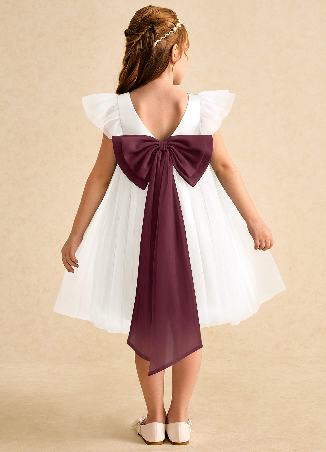 Azazie Munchkin Flower Girl Dresses Ivory Cabernet A-Line Bow Tulle Dress image1