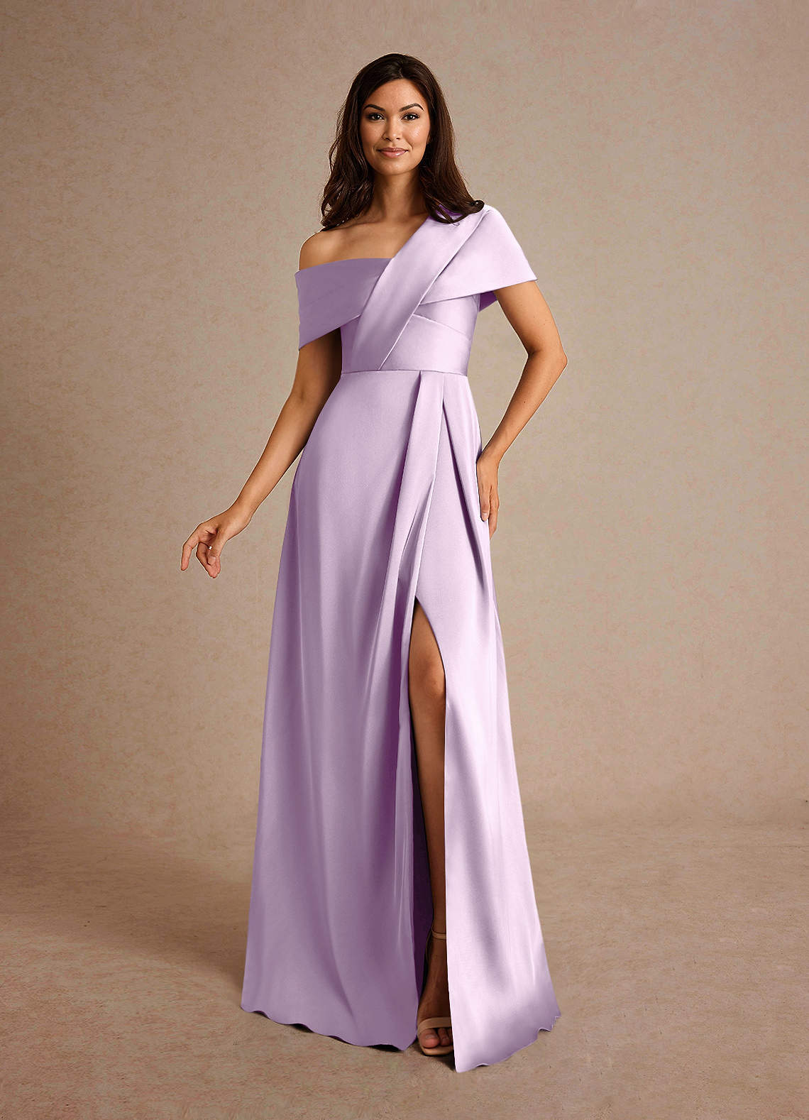 Azazie Milton Mother of the Bride Dresses Frosted Lilac A-Line Pleated Stretch Satin Dress image1