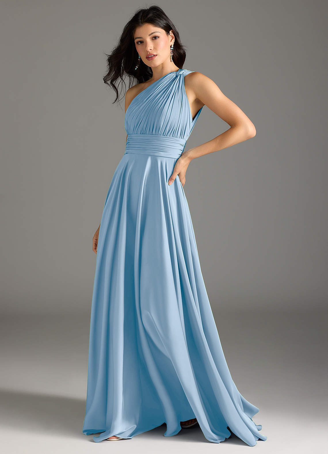 Azazie Charlize Bridesmaid Dresses Powder Blue A-Line One Shoulder Stretch Satin Dress image3