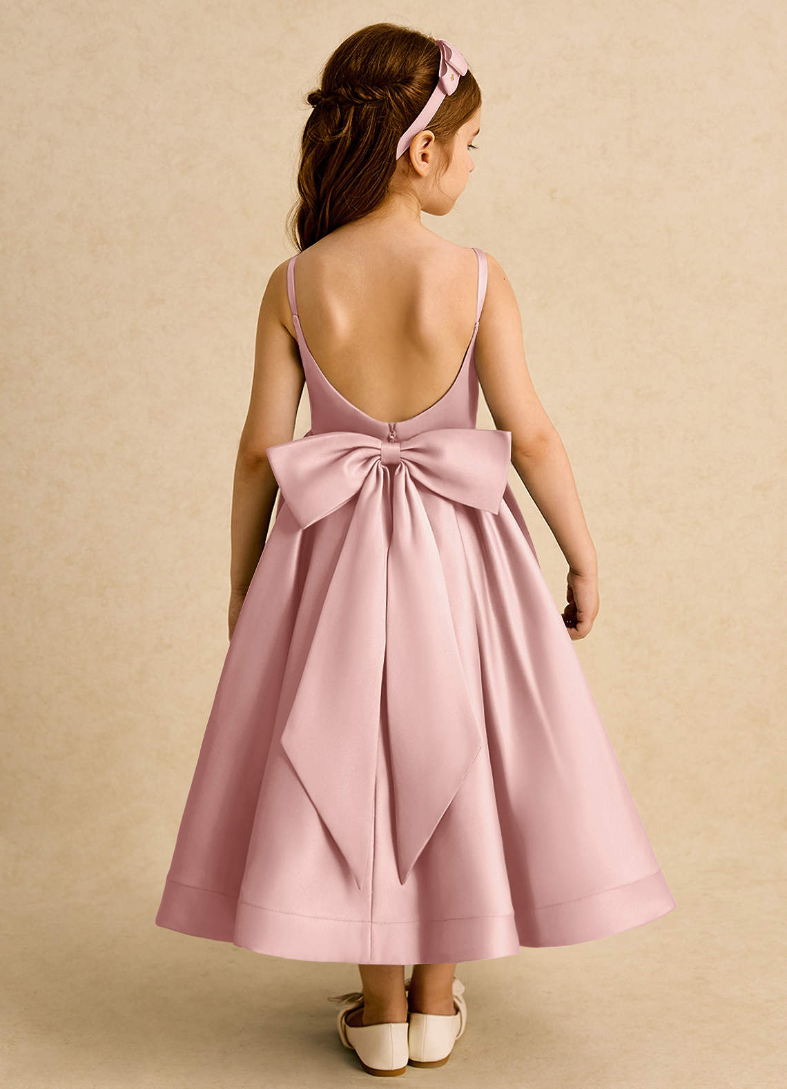 Azazie Ball-Gown Scoop Neck Tea-Length Matte Satin Flower Girl Dresses - Rose Gold
