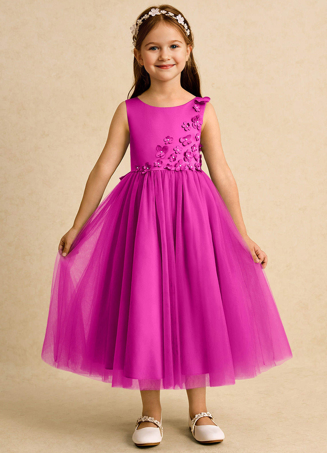 Azazie Malva Flower Girl Dresses Fuchsia Ball-Gown Bow Tulle Dress image1