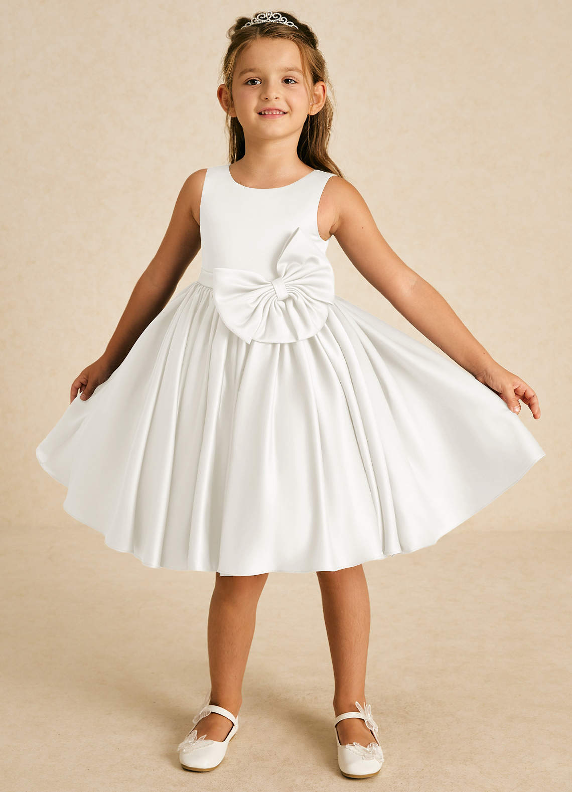 Azazie Apple Flower Girl Dresses Ivory A-Line Bow Matte Satin Dress image1