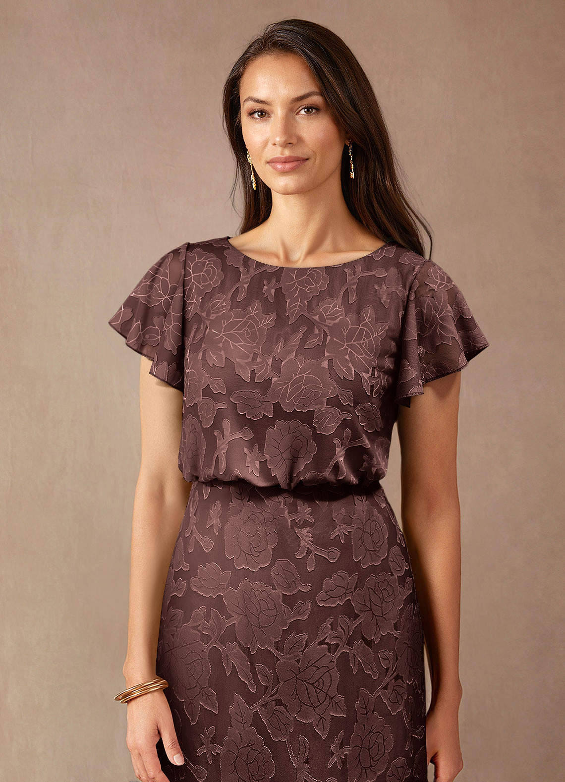 Azazie Lehi Mother of the Bride Dresses Espresso A-Line Boatneck Floral Burnout Dress image4