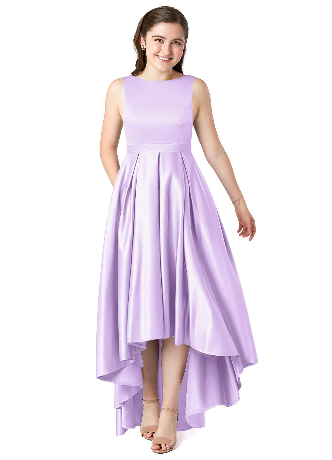 Azazie Inaya Junior A-Linie Gürtel/Schärpe Stretch-Satin Kleid Flieder image1