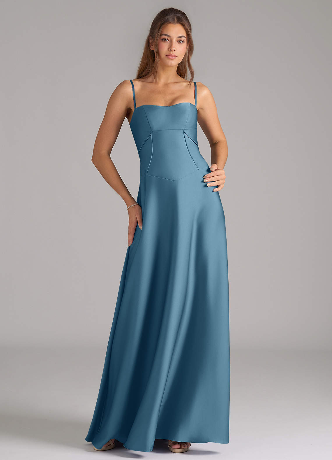 Azazie Valentine Brautjungfernkleider A-Linie Korsett Stretch-Satin Kleid Bermudablau image1