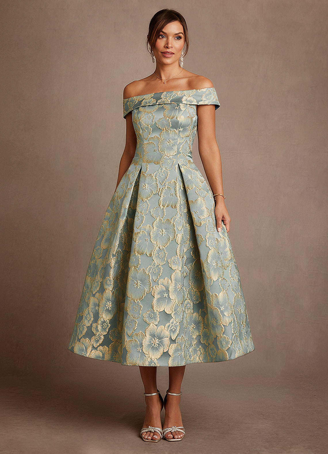 Azazie A-Line/Princess Off The Shoulder Ballerina-Length Floral Jacquard Mother of The Bride or Groom Dresses - Aqua Blue Jacquard