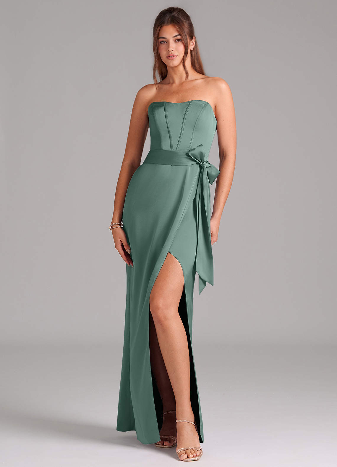 Azazie Jamie Bridesmaid Dresses Eucalyptus A-Line Strapless Stretch Satin Convertible Dress image1