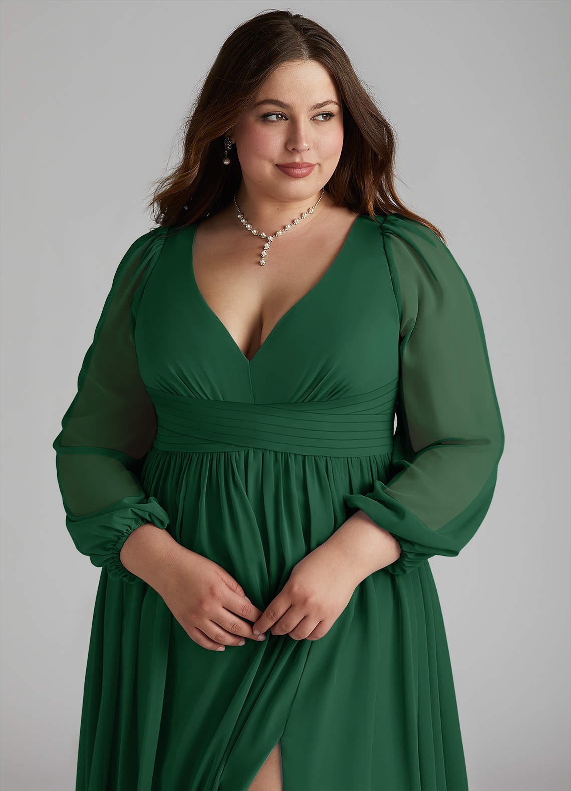 Azazie Norah Bridesmaid Dresses Dark Green A-Line V-Neck Long Sleeve Chiffon Dress image9