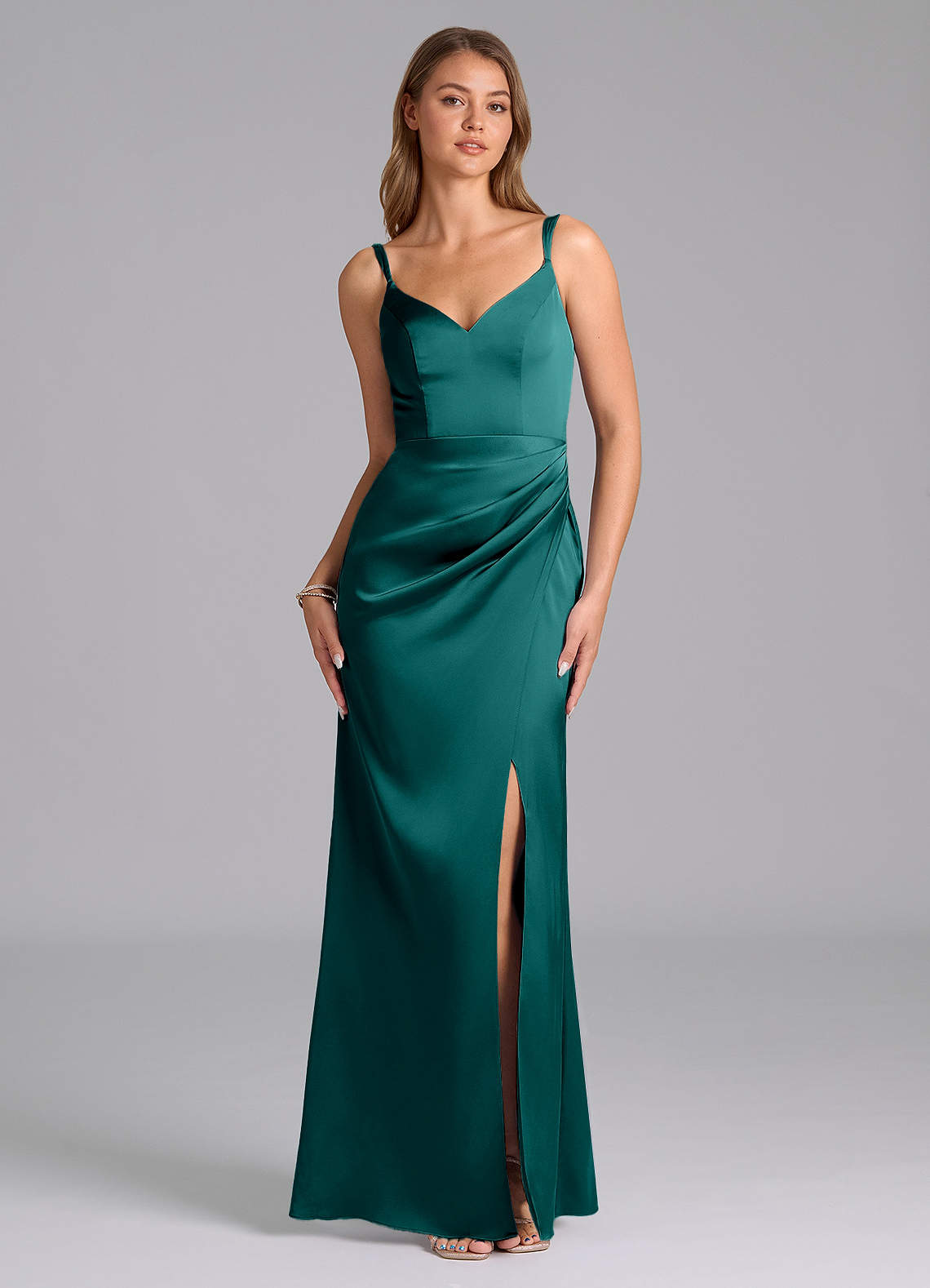 Azazie Leo Bridesmaid Dresses Peacock Sheath Pleated Stretch Satin Dress image1