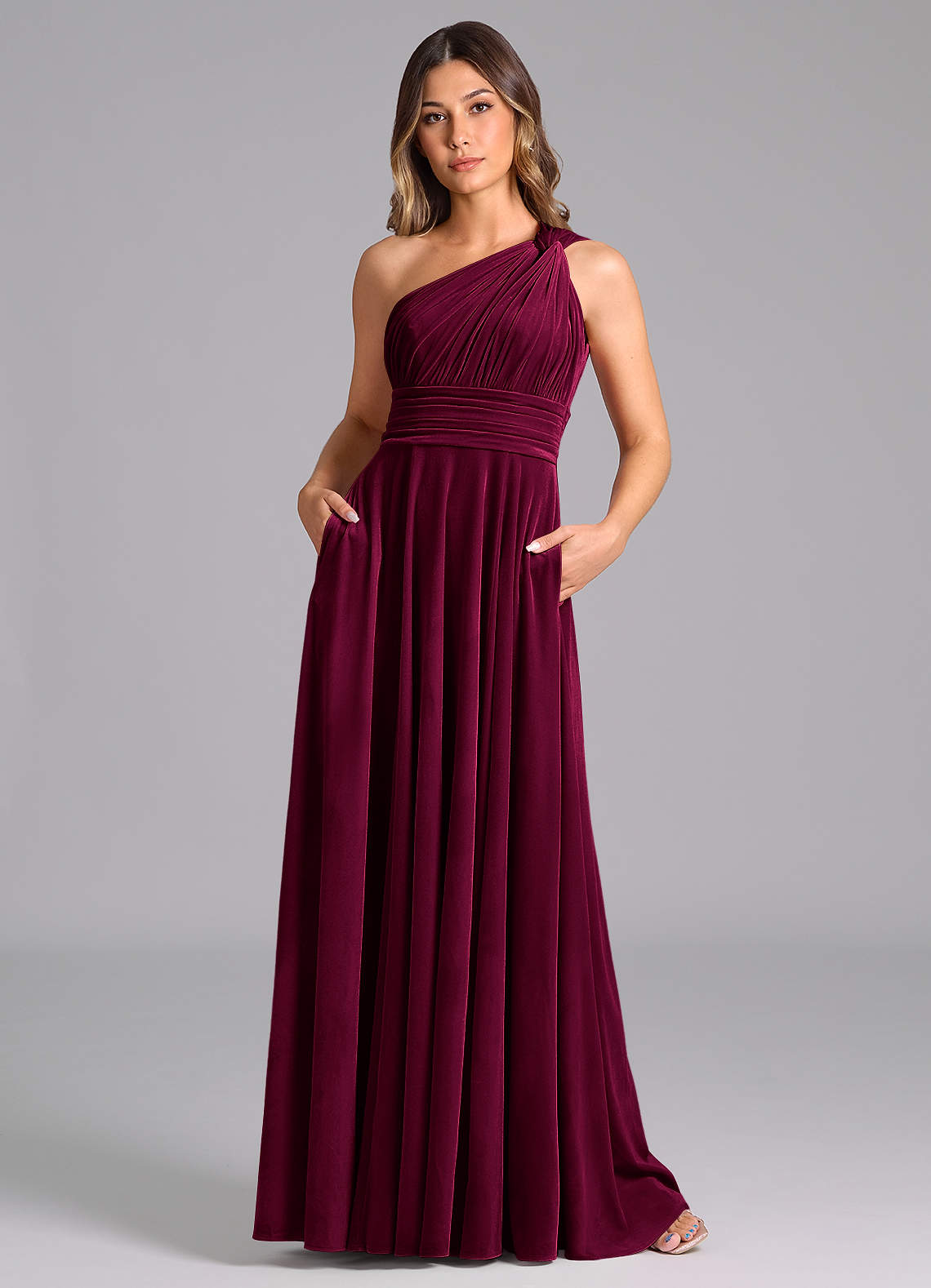 Azazie Charlize Bridesmaid Dresses Cabernet A-Line One Shoulder Velvet Dress image2