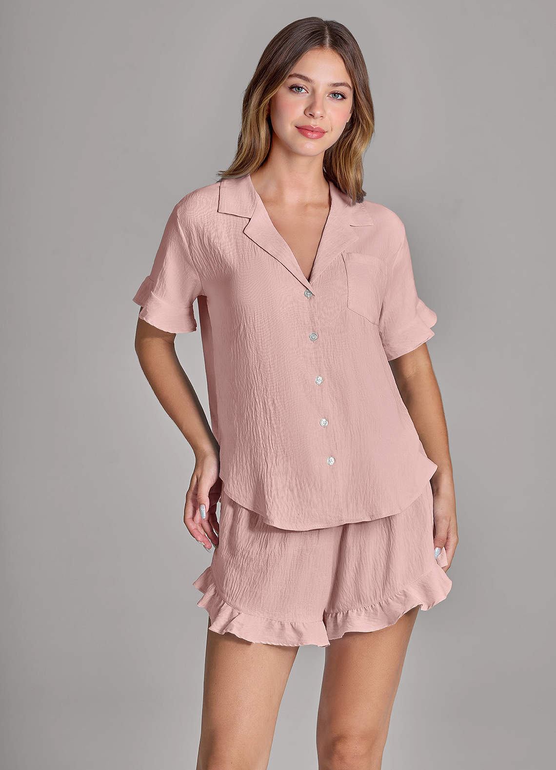 front Matching Color Ruffled Cloud-Soft Pajama Set