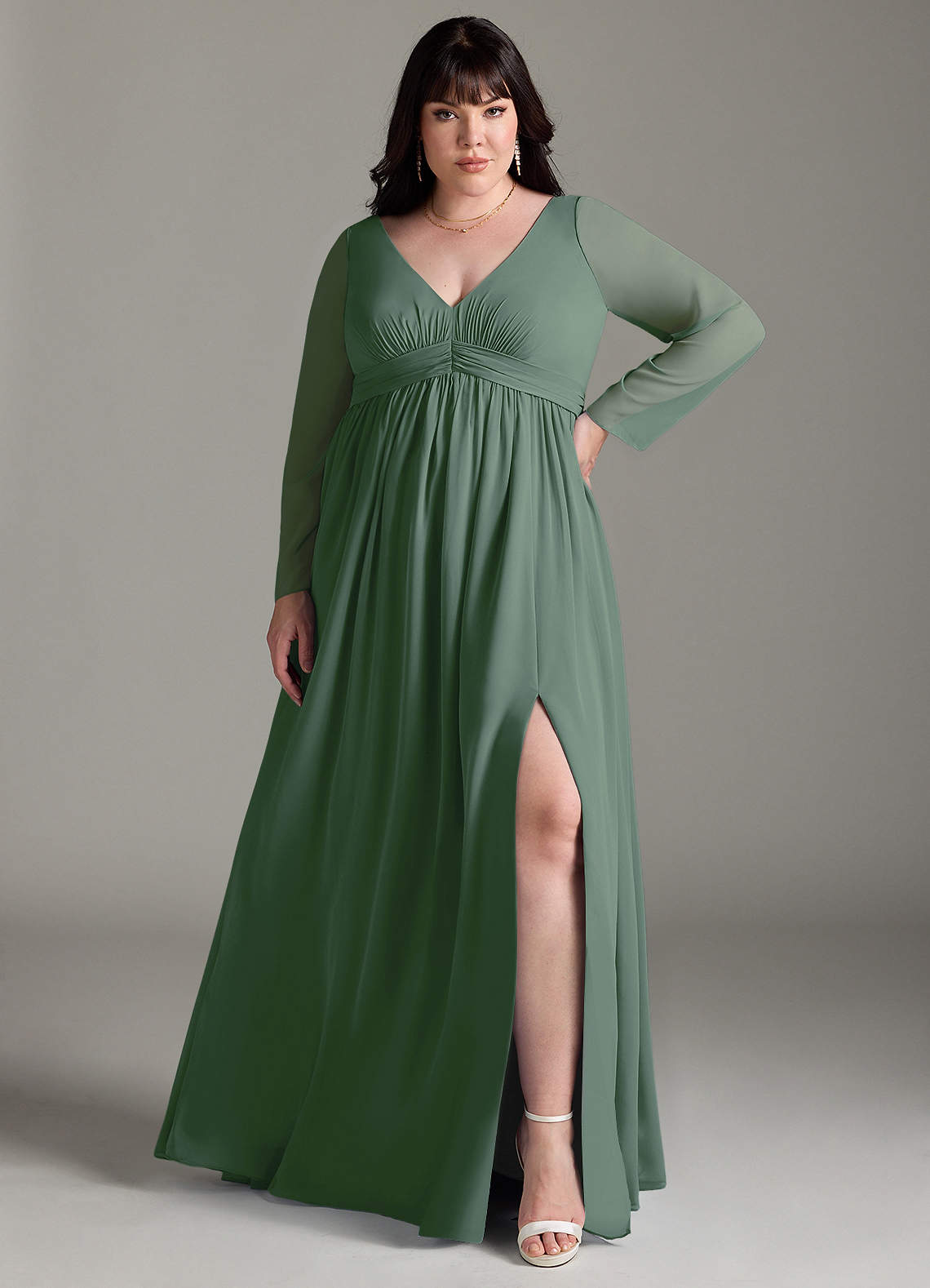 Azazie Teton Maternity Bridesmaid Dresses A-Line Long Sleeve Chiffon Floor-Length Dress image1